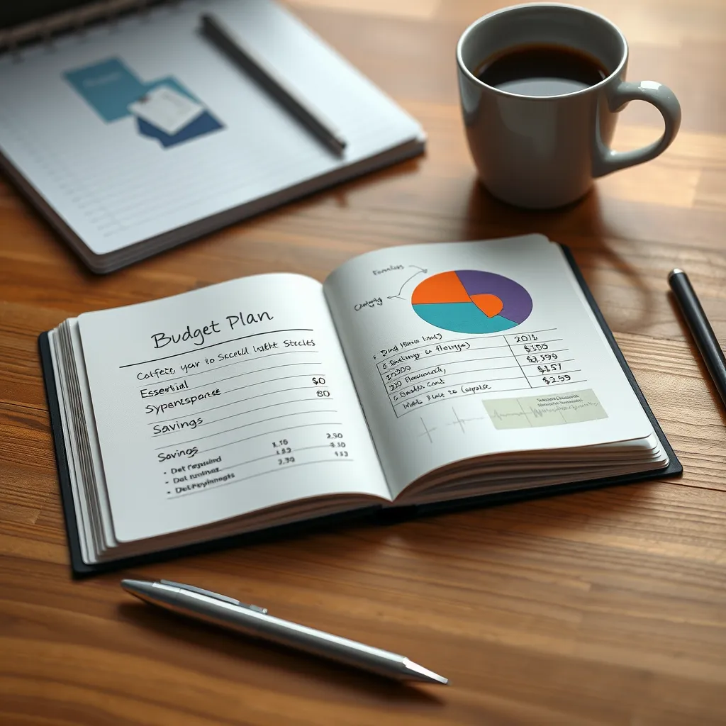 An open notebook on a wooden desk with a beautifully handwritten budget plan featuring categories like 'Essentials', 'Savings', and 'Debt Repayment'. A colorful pie chart is displayed next to it. A pen rests nearby and a coffee cup sits in the background, suggesting a productive atmosphere.