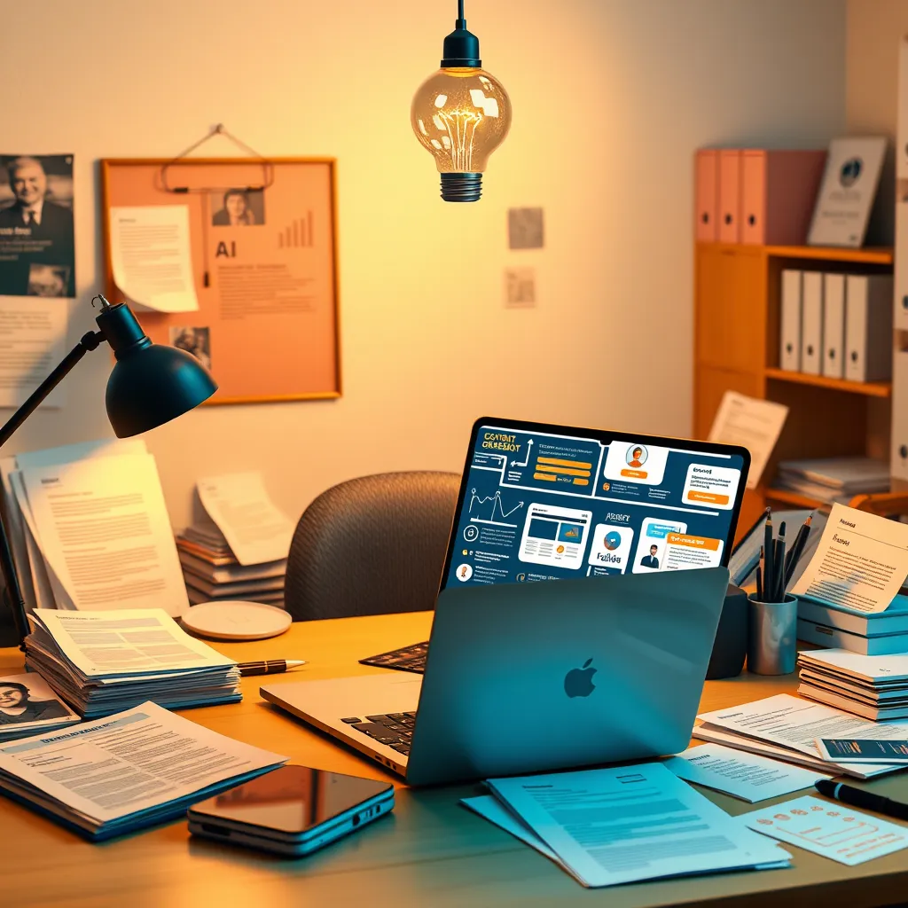 An organized office setting featuring a laptop with a lively AI content generation interface. Illustrate various content pieces like blog posts, video scripts, and social media plans scattered around. Show a thoughtful content creator engaging with the AI, with a creative light bulb above them.