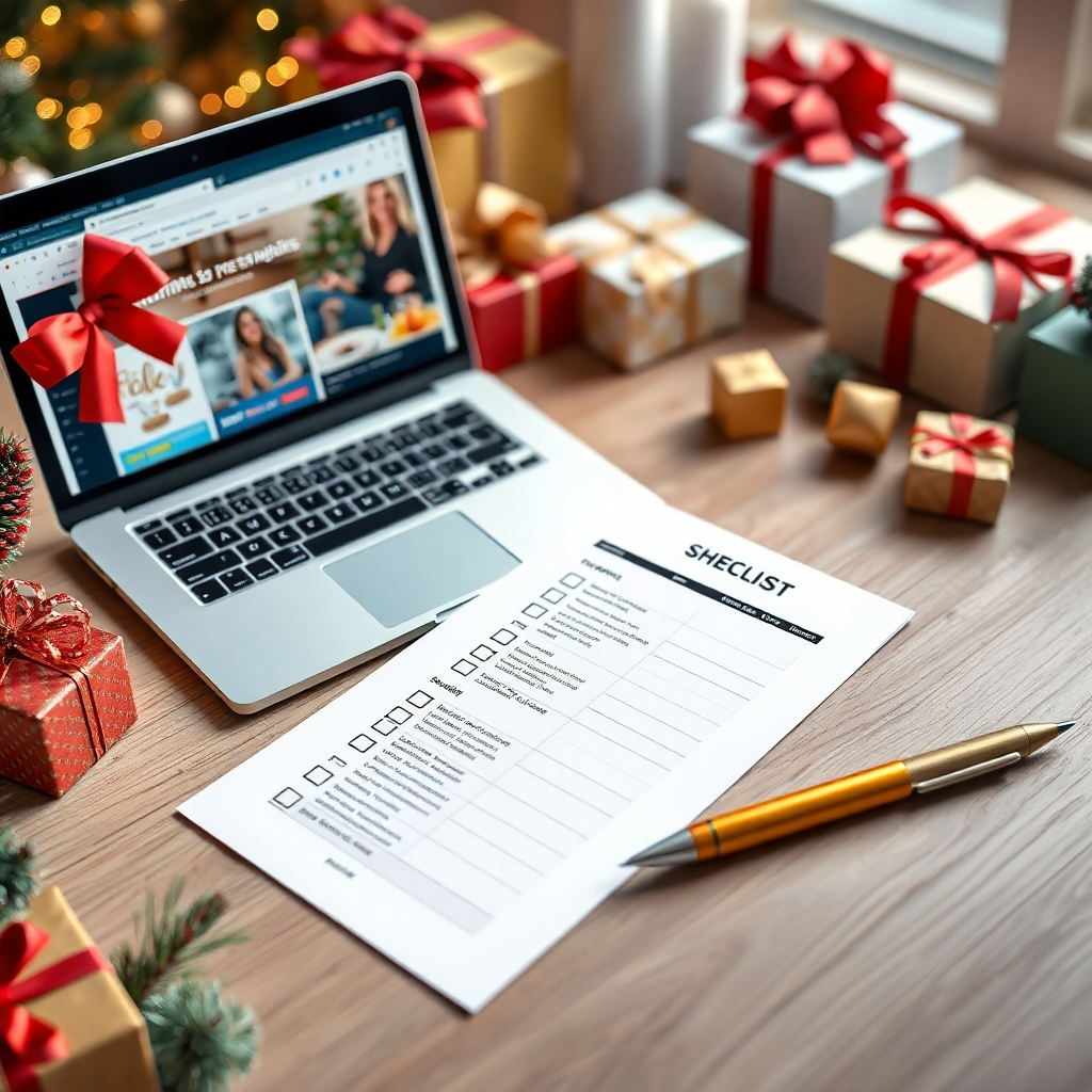 An organized shopping checklist on a table, alongside a laptop displaying price comparison websites. Surrounded by holiday-themed items such as wrapped gifts and decorations, representing an effective and strategic shopping experience during the holiday sales.
