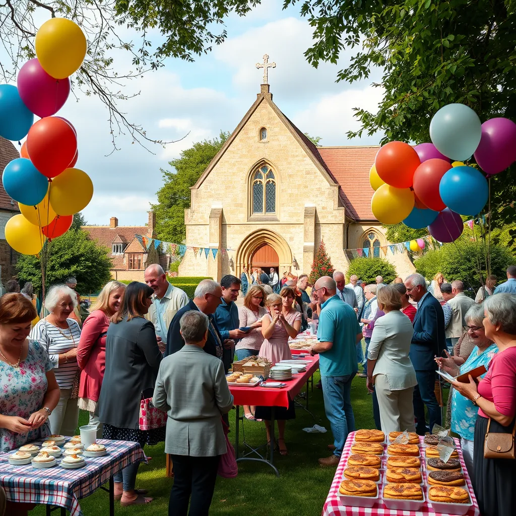 An outdoor charity fundraising event in a church yard, with colorful balloons and tables filled with baked goods. Groups of people of various ages interact happily while enjoying food, laughter, and goodwill, set against the backdrop of a charming British church.
