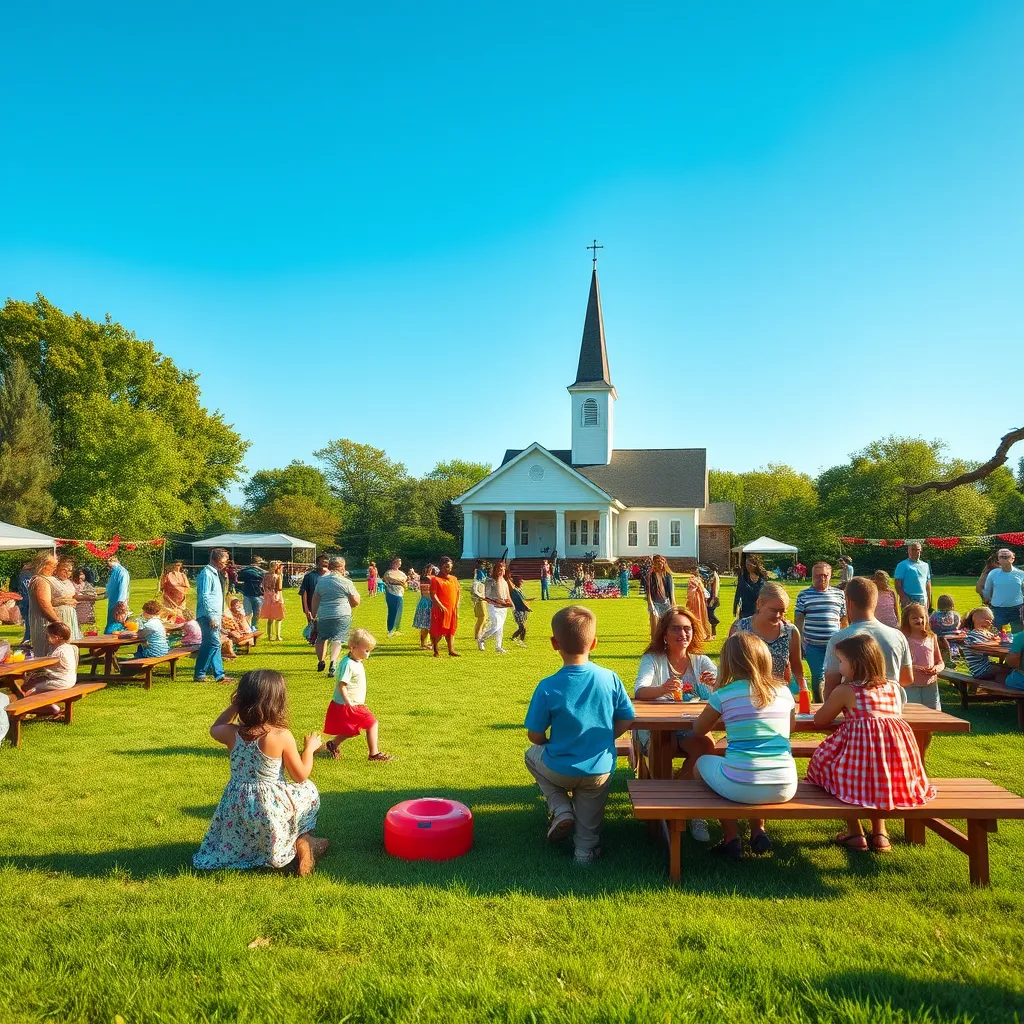 An outdoor church picnic with families gathered on a grassy field. Children are playing games while adults converse at picnic tables. A cheerful atmosphere with colorful decorations, and a church building visible in the background under a clear blue sky.