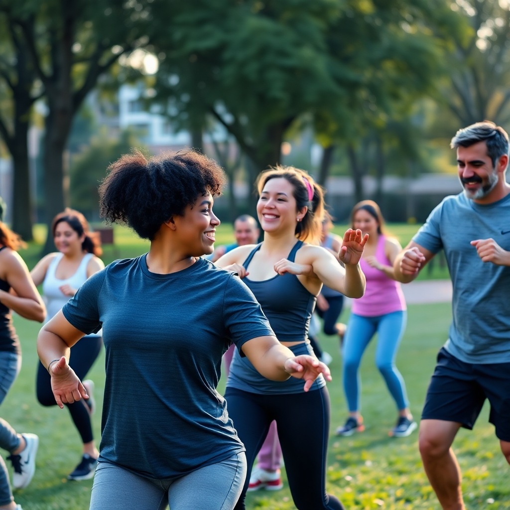 An outdoor group workout scene featuring diverse individuals of various ages and fitness levels, performing exercises together in a park. They are smiling, engaging with each other, creating a feeling of camaraderie and community.