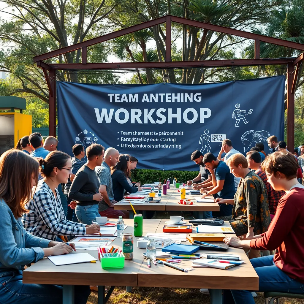 An outdoor workshop scene with diverse participants engaged in team-building exercises. There should be a large banner promoting the event and tables set up with creative materials, fostering collaboration and interaction among attendees.