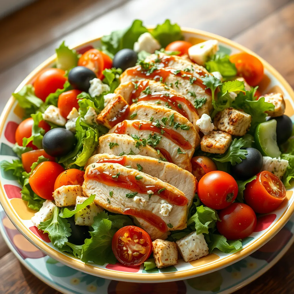 An overflowing salad bowl filled with mixed greens, cherry tomatoes, cucumbers, olives, feta cheese, and grilled chicken pieces. The salad is drizzled with a balsamic vinaigrette, with fresh herbs sprinkled on top, all presented on a vibrant plate in natural light.