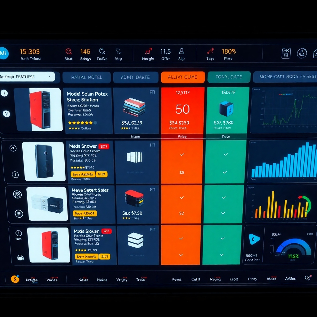 An overhead view of a digital dashboard displaying a comparison grid with multiple product offers from various retailers. Highlight key features like price, shipping costs, and ratings with clear visual distinctions and an organized layout, emphasizing user-friendliness.