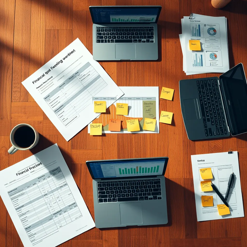 An overhead view of a large wooden table covered with a financial planning worksheet, a laptop displaying a budget spreadsheet, and coffee cups. Include sticky notes with reminders and a pen, illustrating the planning process.