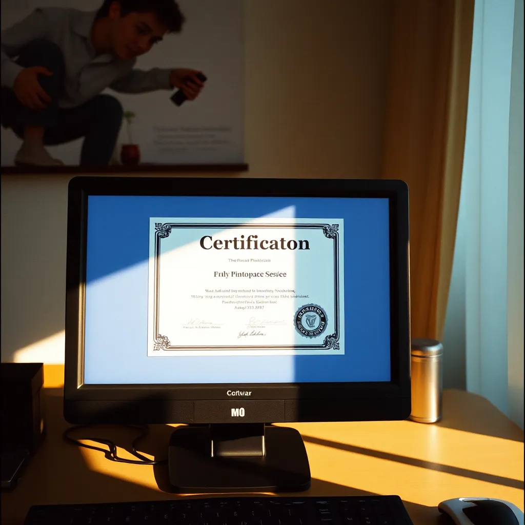 Illustrate a modern workspace with a computer displaying certification course materials on the screen. Include a coffee cup, study materials, a certification badge, and someone reviewing documents, illustrating a dedicated and professional approach to learning.