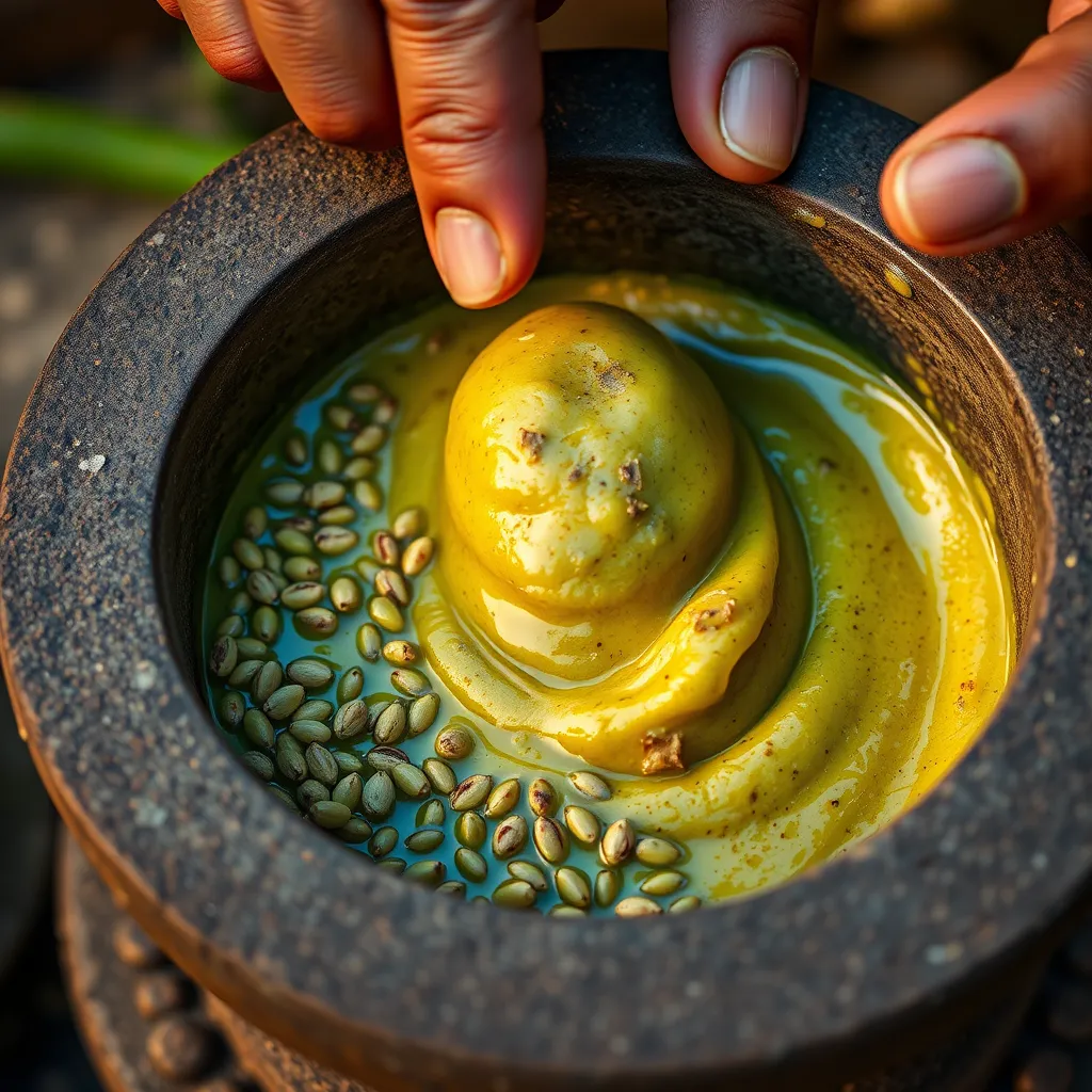 Close-up of a traditional stone grinder being used to grind mustard seeds and green chilies. The paste should be smooth and golden yellow, with visible mustard seed particles. Hands working the grinder can be seen.