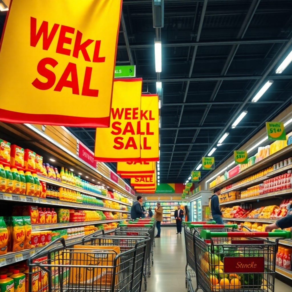 Construct a highly detailed image showcasing a supermarket promotional display featuring colorful banners announcing weekly deals. The scene should be composed with dramatic side lighting that highlights the vibrant colors of sale signs and products. The color palette should be bright and eye-catching, focusing on yellows, reds, and greens to evoke excitement about savings. Capture the image from a low angle, drawing attention to the display while allowing a view of shopping carts and patrons engaging with the promotions. The textures should reflect glossy paper and well-stocked shelves bursting with product variety. Include background details such as price tags and vibrant packaging. The scene should feel dynamic, breathing energy and enthusiasm into the shopping experience. Aim for ultra-detailed quality in 8K resolution, emphasizing hyperrealistic style and clarity.