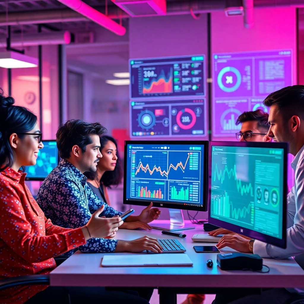 Craft an image showing a diverse group of professionals utilizing Copilot+ tools in a collaborative workspace. The focus is on screens projecting complex data analytics while team members share ideas. Incorporate vibrant colors and dynamic lighting to reflect a lively, productive atmosphere. Textures should be clear, emphasizing the modern office environment that empowers creativity and collaboration, rendered in hyperrealistic detail.