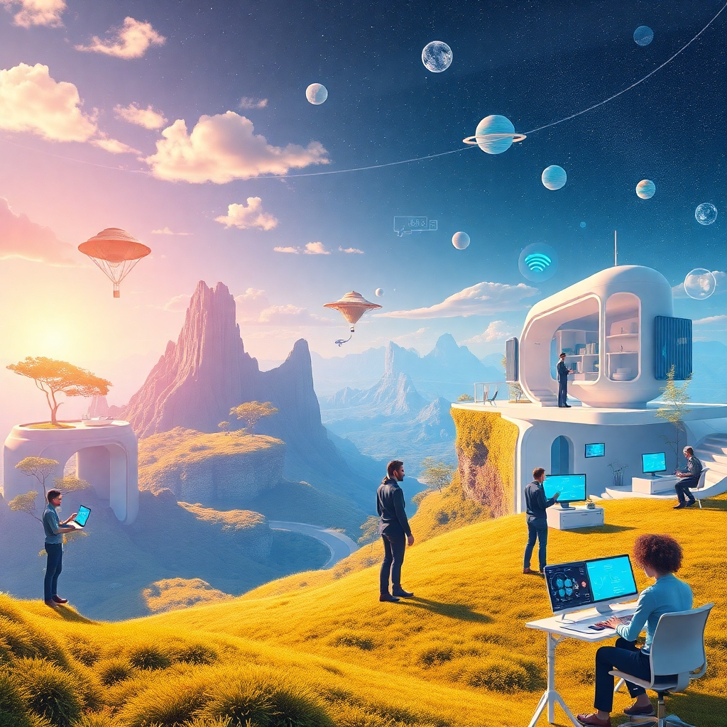Create a futuristic landscape depicting users engaging with Copilot technology in various environments, from homes to offices. The visuals should highlight diverse interactions, such as voice commands and gestures. Ensure bright and inviting colors dominate the landscape, symbolizing optimism for the future of computing. Capture every detail in hyperrealistic quality, showcasing innovation in settings filled with digital interfaces.