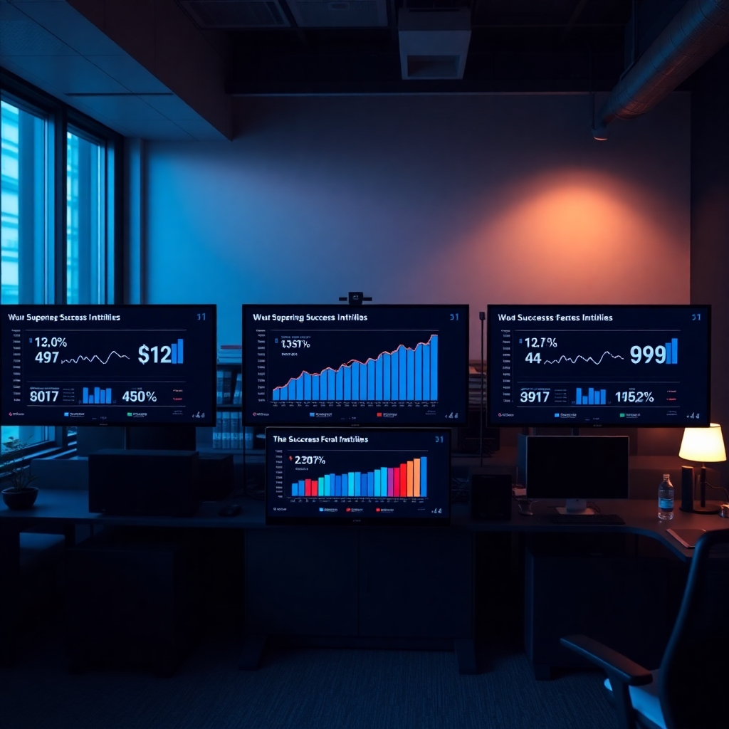 Create a montage of success stories represented on multiple screens showing before and after metrics. The lighting should be dramatic yet inspiring, with a color palette that mixes deep blues and warm lights. This environment can be set in a modern office, with elements that convey a sense of achievement and progress in web development.