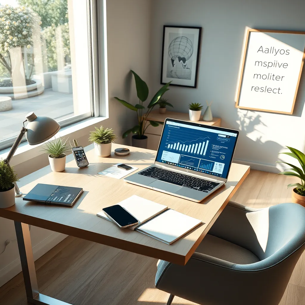 Create a photorealistic, ultra-high quality header image showcasing a modern workspace featuring a sleek, minimalistic desk cluttered with high-tech devices such as a laptop displaying AI analytics, a smartphone, and a notepad. The scene is illuminated by soft, natural sunlight streaming through a large window, casting gentle shadows that accentuate the clean lines of the furniture. A calm and inspiring color palette, including shades of blue and white, should dominate to evoke a sense of creativity and innovation. The camera angle should be slightly elevated, looking down at the workspace, providing an engaging perspective that invites the viewer into the scene. Incorporate textures like polished wood for the desk, soft fabric for the chair, and digital interface designs on the laptop screen. Background elements can include vibrant plants and motivational art on the walls. Style references include contemporary and professional aesthetics with a focus on productivity. Technical specifications should ensure an 8K resolution and hyperrealistic details for an immersive visual experience., ultra high resolution, photorealistic, 8K, hyperdetailed, cinematic lighting