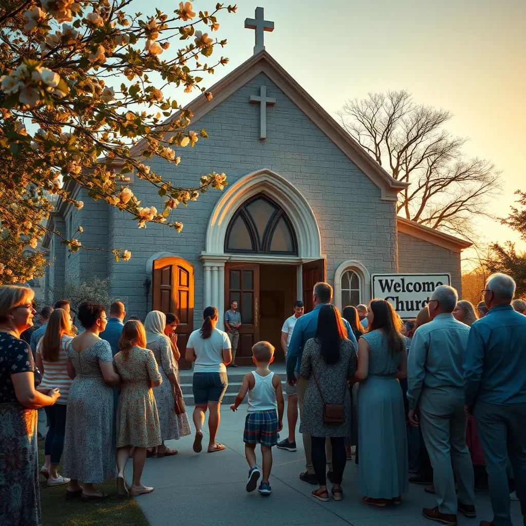 Create a photorealistic, ultra-high quality header image that captures the essence of church life and community. The subject should be a diverse group of people gathered outside a beautiful, welcoming church, ideally during a golden hour sunset. Composition should feature the church's iconic architecture in the background, with warm, inviting light cascading over the scene, casting soft shadows and enhancing the atmosphere. The color palette should include warm golds, soft greens, and serene blues, evoking a sense of peace and unity. The camera angle should be slightly elevated, providing a broad view of the gathering and the church. Texture details should highlight the warmth of wooden doors, the smoothness of stone walls, and the gentle rustle of trees in the background. Environmental elements can include blooming flowers and a clear sky, adding to the tranquility. Props might include a welcoming sign of the church and people interacting joyfully—children playing, adults conversing. Emphasize natural beauty and serenity, drawing inspiration from the style of impressionist painting combined with hyperrealistic photography. Technical specifications should be set to 8K resolution for stunning clarity and detail., ultra high resolution, photorealistic, 8K, hyperdetailed, cinematic lighting