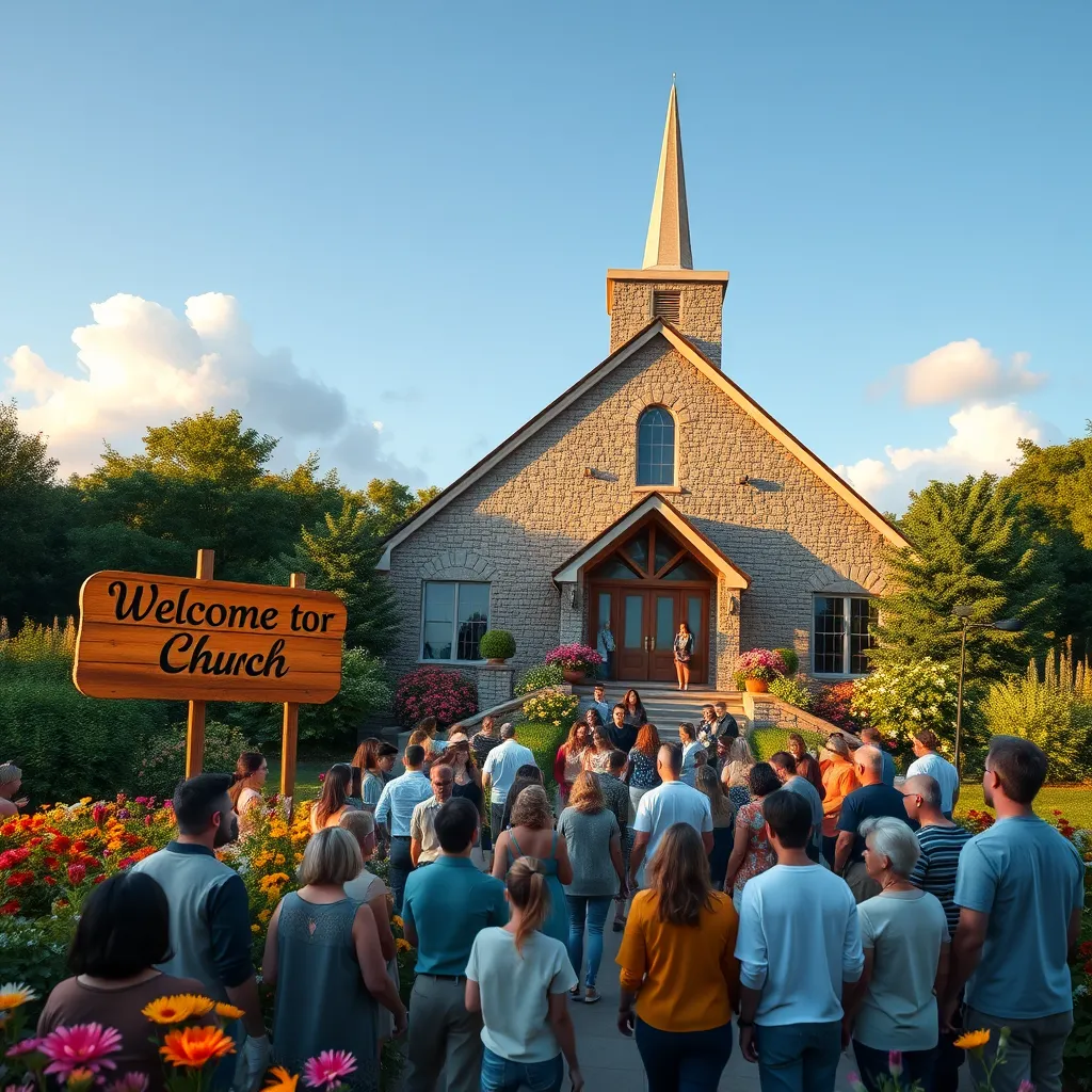 Create a photorealistic, ultra-high quality image for a church website header. The central focus should be a welcoming church building with modern architectural elements, surrounded by a lush green landscape filled with blooming flowers. The composition should include a diverse group of people of all ages and backgrounds gathered in front, engaged in joyful conversation, symbolizing community and inclusiveness. Use warm, golden hour lighting to evoke a sense of warmth and hope, casting soft shadows that enhance the textures of the building's stone facade. The color palette should feature earthy tones mixed with vibrant floral colors, creating a harmonious and uplifting mood. Capture the scene from a slightly elevated angle, offering a perspective that encompasses both the church and the people. Include details such as a wooden sign that reads 'Welcome to Our Church' in flowing script, and a clear blue sky dotted with fluffy white clouds in the background. The overall style should be hyperrealistic, suitable for an 8K resolution presentation, ensuring every detail from the clothing textures of the people to the intricate stonework of the church is vividly represented., ultra high resolution, photorealistic, 8K, hyperdetailed, cinematic lighting