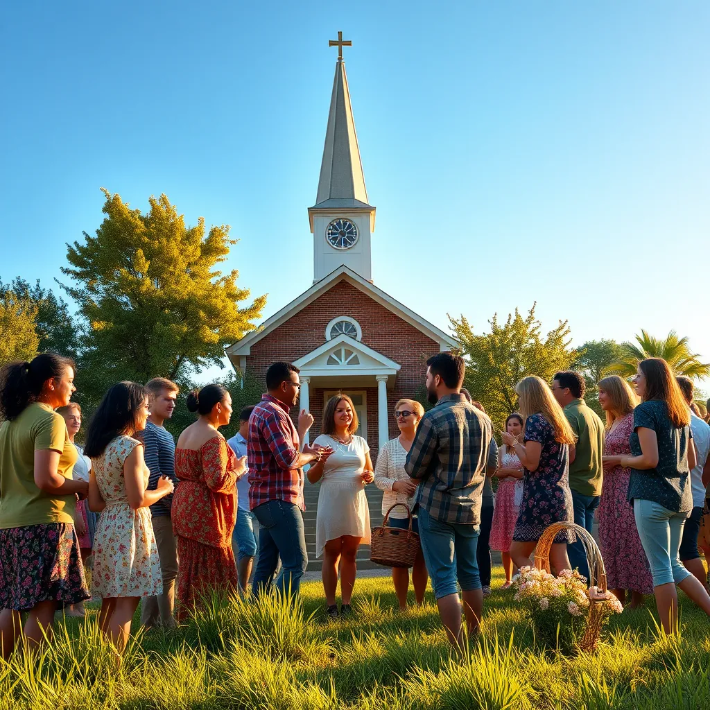 Create a photorealistic header image showcasing a vibrant church community coming together. Center the composition around a diverse group of people engaged in heartfelt conversations, with a beautiful church building in the background, its steeple reaching towards a clear blue sky. The lighting should be warm and inviting, simulating late afternoon sunlight that casts soft shadows, giving a golden glow to the scene. Use a rich color palette featuring greens, blues, and warm earth tones to evoke a sense of hope and togetherness. The camera angle should be slightly elevated, capturing both the community in the foreground and the church in the background, creating depth. Include textures such as the weathered bricks of the church, lush grass underfoot, and clothing fabrics to add realism. Add environmental elements like blooming flowers and trees to enhance the setting. To emphasize the theme of fellowship, include props like a picnic basket or a community banner. Aim for an 8K resolution, hyperrealistic style that vividly portrays warmth, connection, and faith., ultra high resolution, photorealistic, 8K, hyperdetailed, cinematic lighting