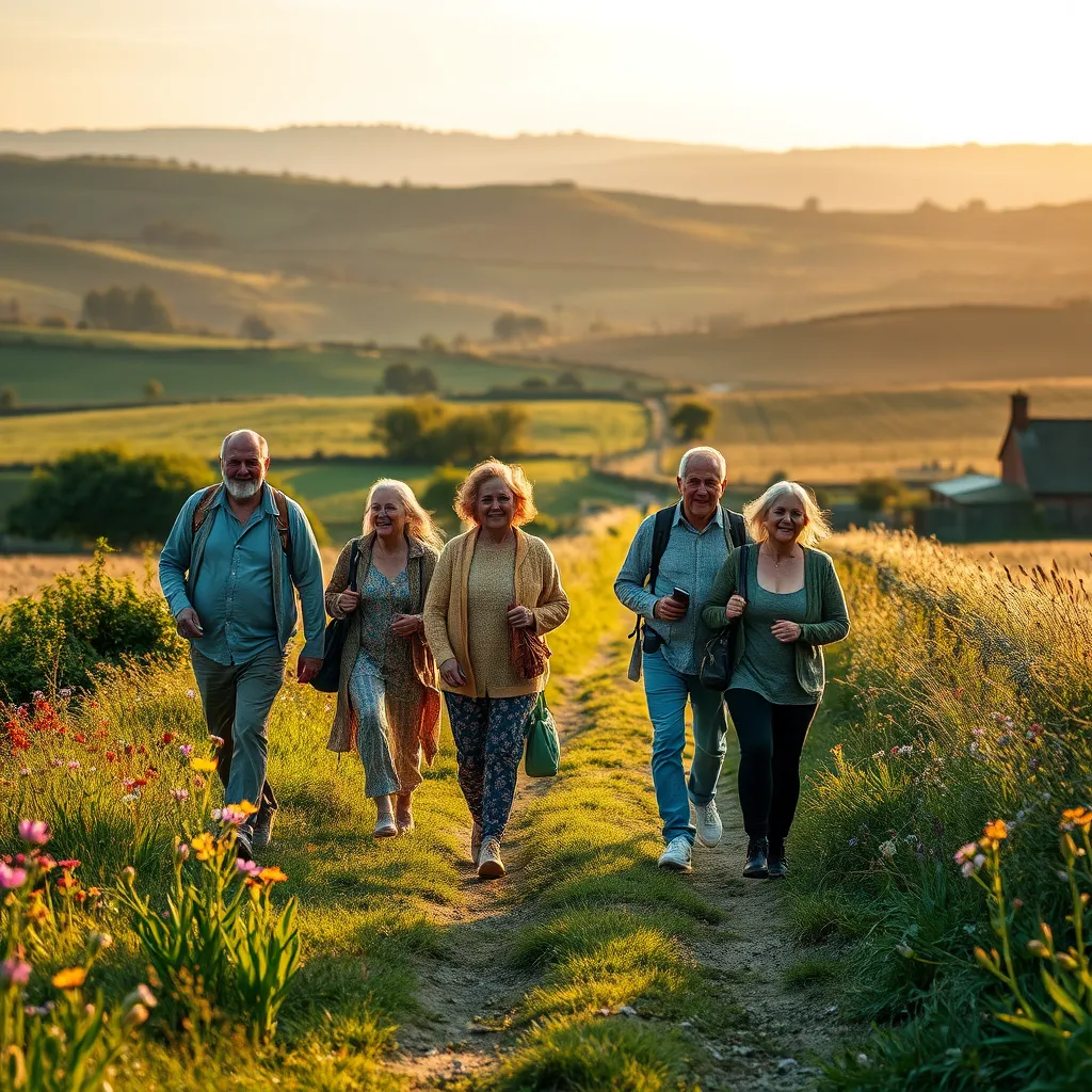 Create a photorealistic header image depicting a vibrant community walking scene in East Yorkshire. The composition should feature a diverse group of people of different ages, happily walking along a picturesque path surrounded by lush greenery and wildflowers, with rolling hills in the background. Use soft, golden hour lighting to create a warm and inviting atmosphere, enhancing the mood of connection and joy. The color palette should include earthy greens, soft yellows, and bright splashes of floral colors, capturing the essence of nature. The camera angle should be slightly elevated, providing a perspective that captures both the walkers and the stunning landscape behind them. Focus on textural details, such as the crispness of the grass, the light breeze causing the wildflowers to sway, and the varied attire of the walkers. Include elements like a nearby quaint farmhouse or a meandering stream to enrich the scene, and consider style references from nature photography to evoke realism. Technical specifications should highlight 8K resolution and hyperrealistic detail to enhance viewer engagement., ultra high resolution, photorealistic, 8K, hyperdetailed, cinematic lighting