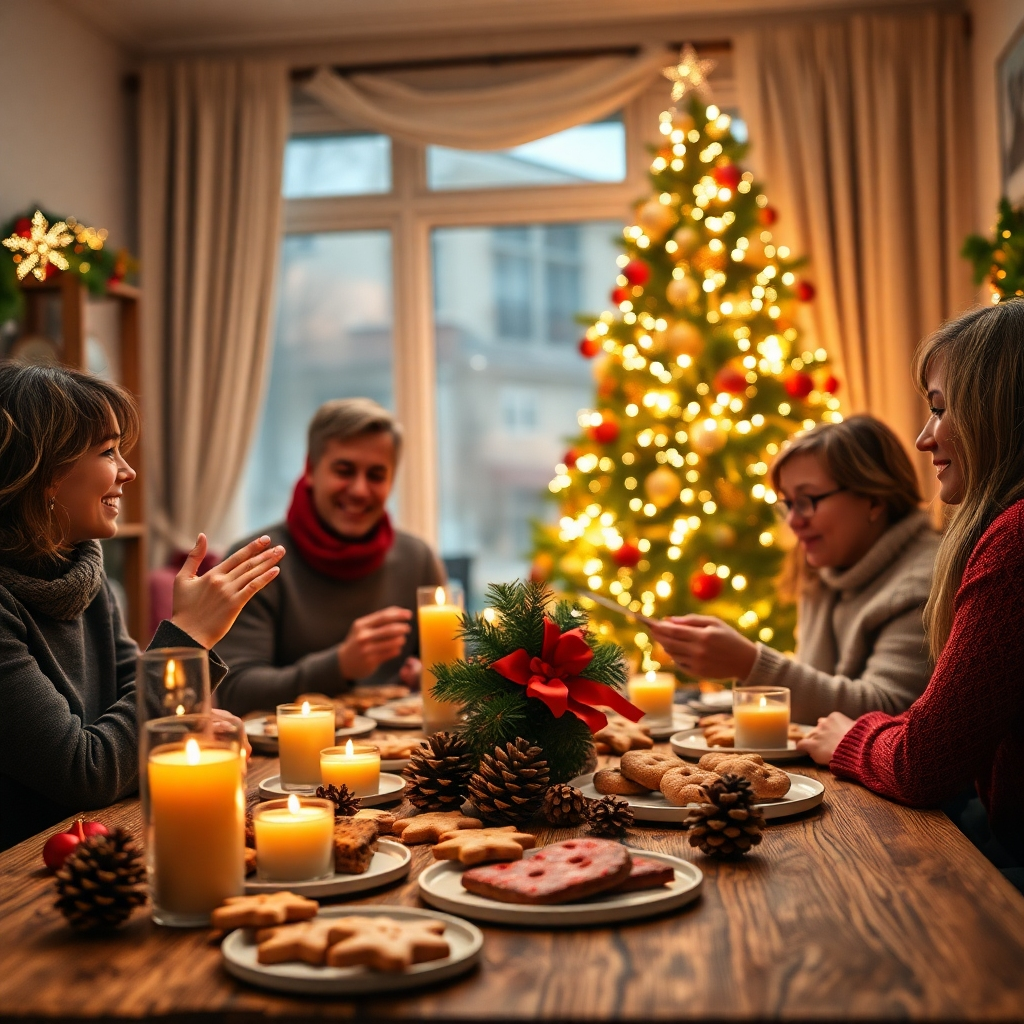 Create a photorealistic header image that encapsulates the essence of Christmas discussions and togetherness. The composition should feature a warm, inviting family setting, with a beautifully decorated Christmas tree adorned with twinkling lights and colorful ornaments in the background. Soft, ambient lighting should create a cozy atmosphere, casting gentle shadows and highlighting the textures of the decorations. The color palette should consist of deep reds, greens, and golds, evoking a festive and joyful mood. The camera angle should be slightly elevated, capturing both the family gathered around a table full of Christmas treats and the tree in the background. Include a textured wooden table adorned with candles, pinecones, and a variety of traditional cookies. The style should reference classic holiday aesthetics, reminiscent of Norman Rockwell paintings. The image should be rendered in hyperrealistic detail, at 8K resolution, showcasing intricate textures in the decorations, food, and warm family interactions., ultra high resolution, photorealistic, 8K, hyperdetailed, cinematic lighting