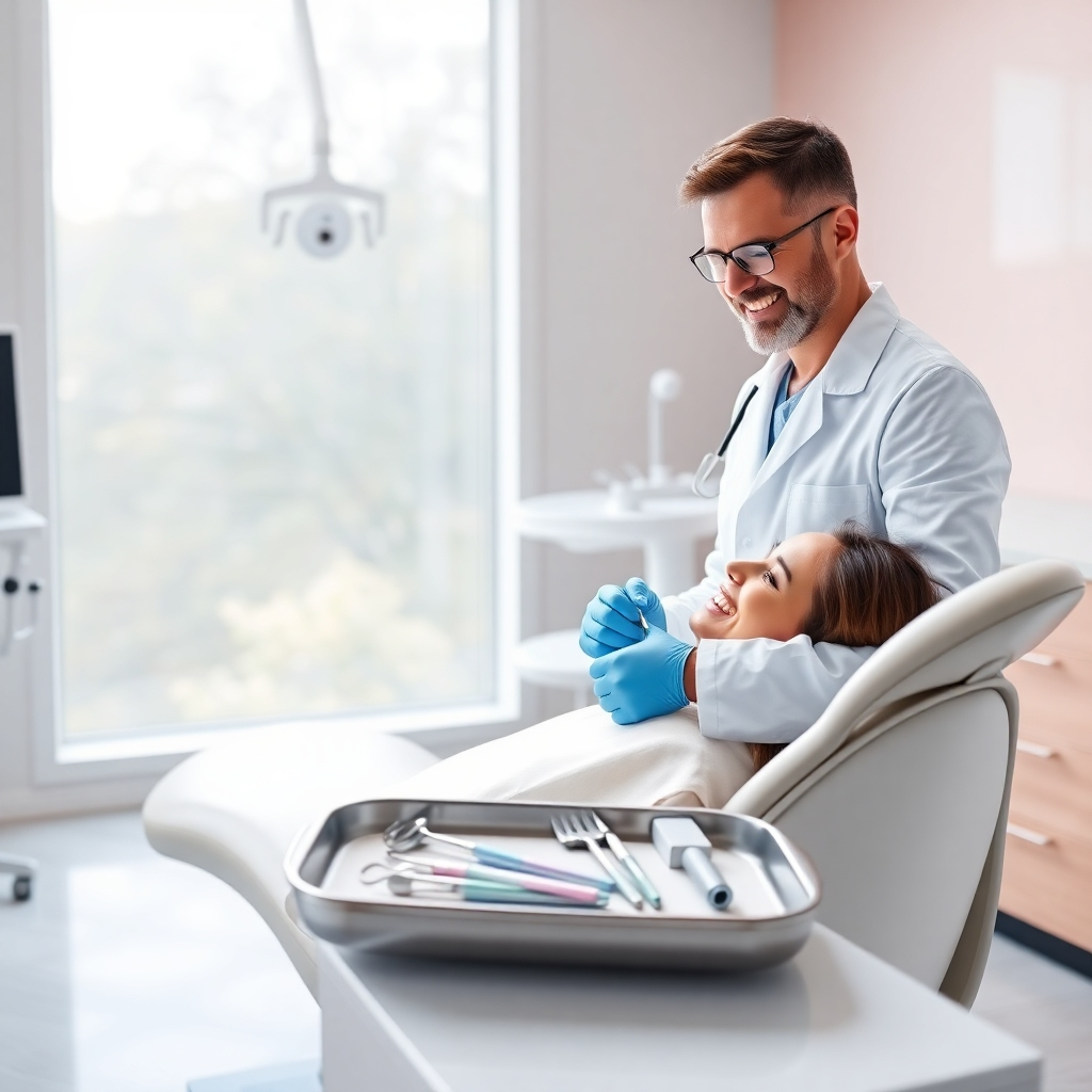 Create a photorealistic image of a modern dental clinic featuring a bright, inviting examination room. Include a sleek dental chair facing a large window with soft diffused natural light streaming in, enhancing the cleanliness of the space. The walls should be painted in soothing pastels, complemented by contemporary dental tools neatly arranged on a stainless steel tray. A smiling dentist in a white coat and blue gloves is gently examining a patient, with a bright smile on the patient's face, conveying comfort and trust. Capture the textures of the equipment, the softness of the chair, and the overall professional yet welcoming atmosphere. The image should be in 8K resolution, hyperrealistic, and ultra-detailed, evoking a mood of health and care in a well-organized environment.