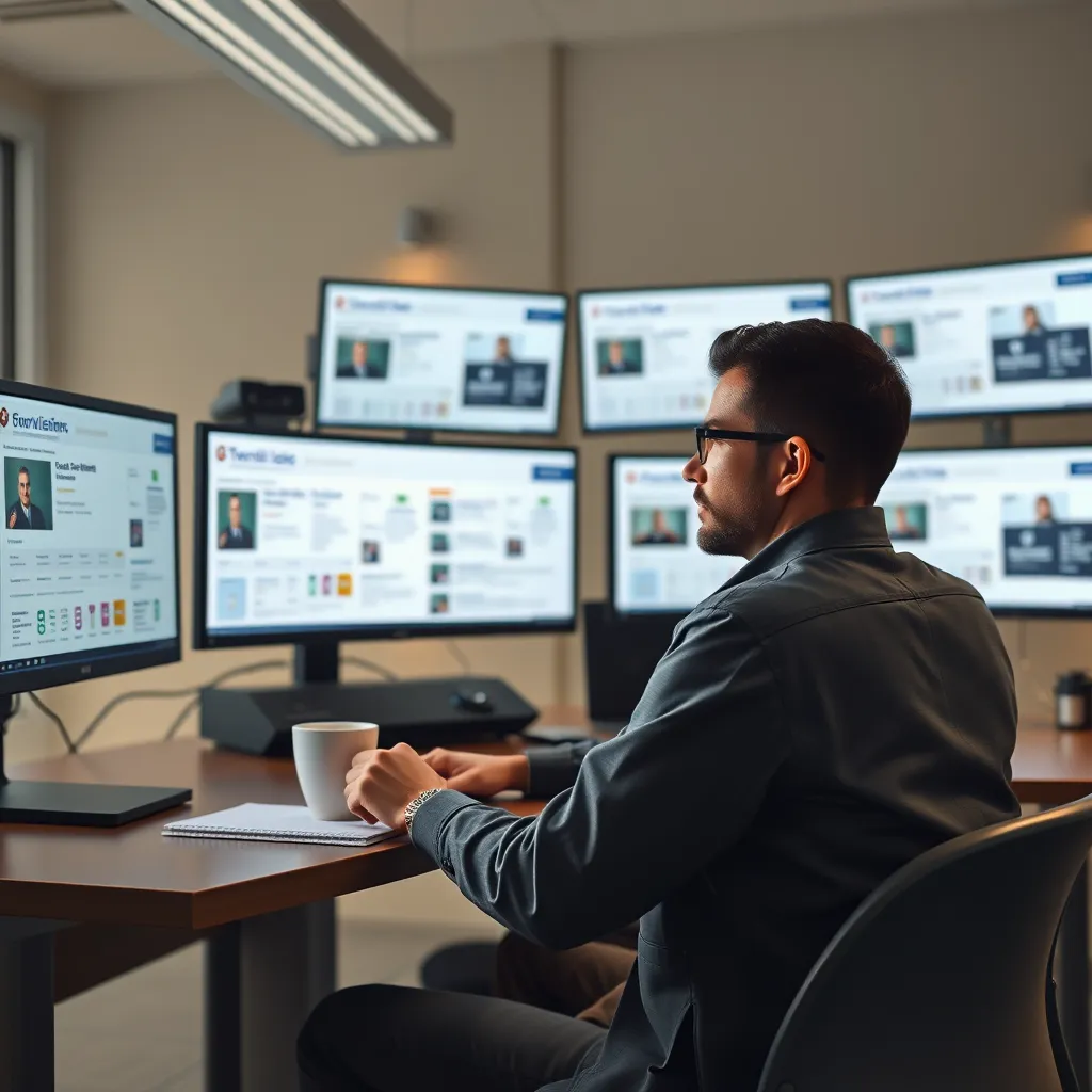 Create a photorealistic image of a person sitting at a desk with multiple screens displaying various job listings and applications. The atmosphere is bright and inviting, with a cup of coffee and a notepad. The person looks engaged and focused.