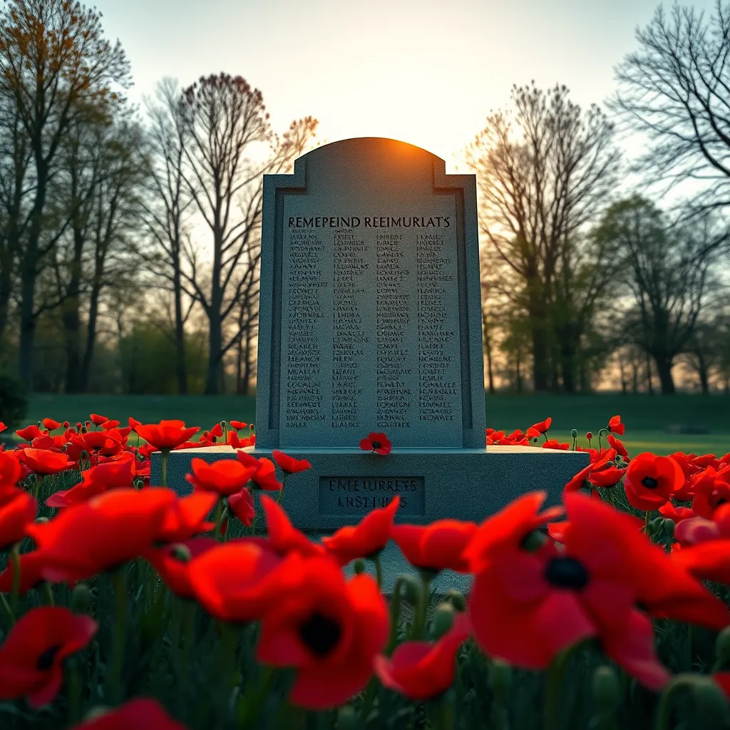 Create a photorealistic image depicting a serene memorial setting on Remembrance Day. Center the image on a beautifully crafted stone monument with engraved names of fallen soldiers, surrounded by vibrant red poppies symbolizing remembrance. Include a soft diffused lighting effect as the sun begins to set, casting a warm golden glow over the scene. Use a color palette of deep greens and rich reds to enhance the mood of reflection and honor. The camera should be at eye-level, providing a straight-on perspective that captures both the monument and the surrounding landscape. Add gentle breezes moving the poppies slightly, giving a sense of life amidst solemnity. Include a blurred background of peaceful trees and a clear blue sky, conveying tranquility. The style should evoke a modern yet classic artistic interpretation, aimed for 8K resolution, ultra-detailed and hyperrealistic.