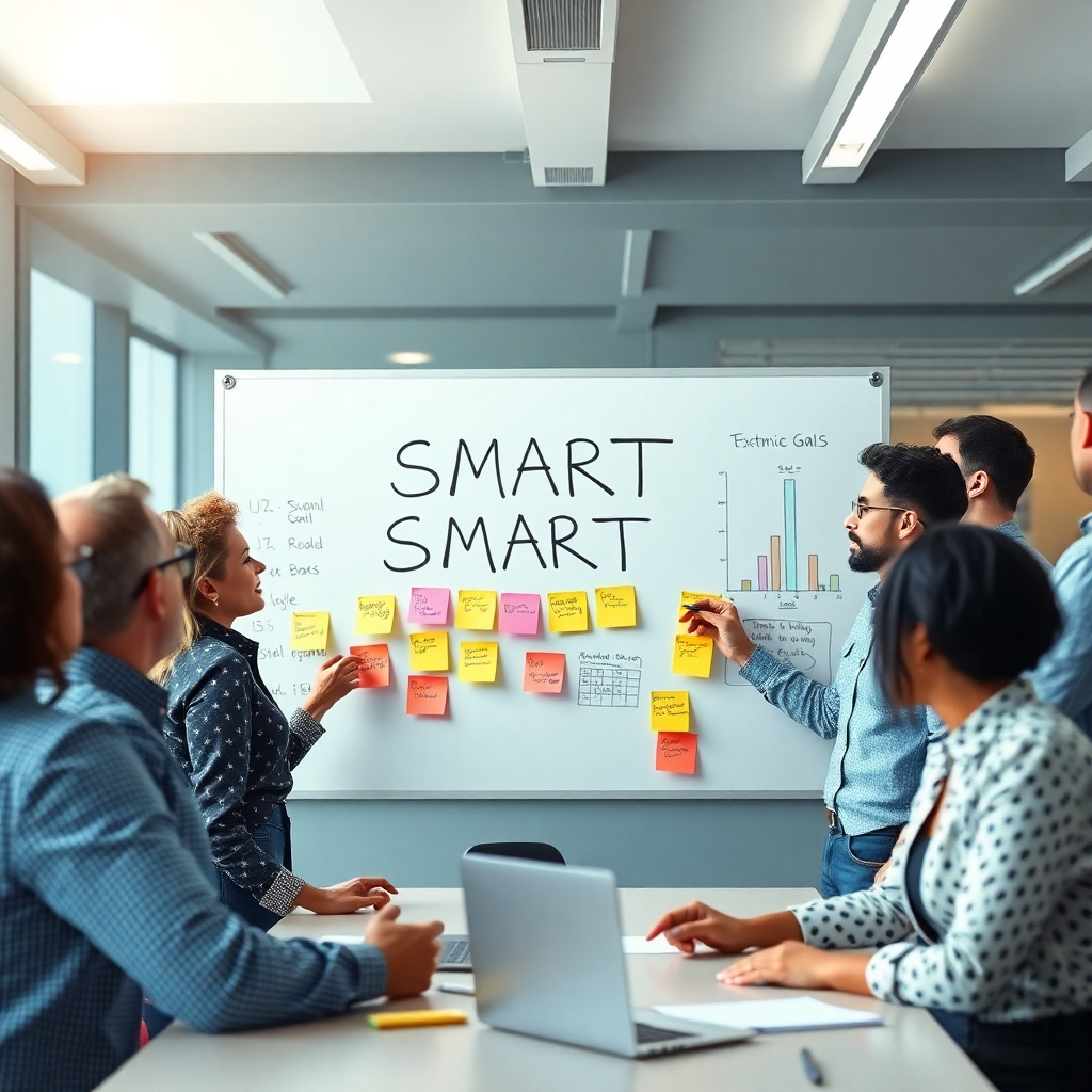 Create a photorealistic image depicting a diverse group of people in a modern office setting, collaboratively discussing and writing down SMART goals on a whiteboard. Include elements like sticky notes and charts visibly highlighting the SMART framework, with a bright and inspiring atmosphere.