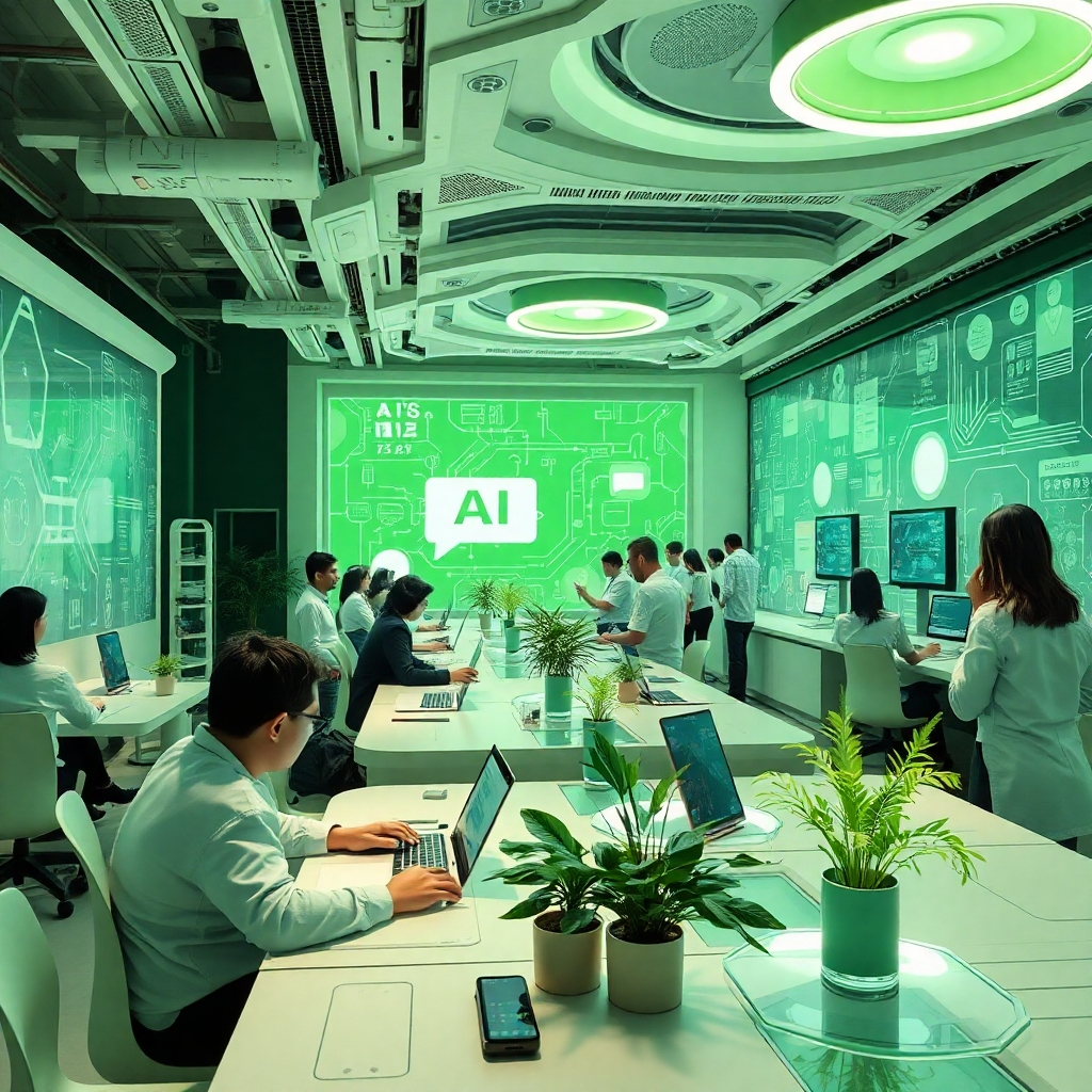 Create a stylized representation of a futuristically designed AI lab, where community members contribute their ideas, blending technology with open dialogues. The atmosphere should resemble an innovation hub filled with modern design elements and shades of green and white to symbolize growth and forward-thinking. Focus on textures that highlight the interplay of digital and physical spaces, aiming for a powerful narrative in high-quality resolution.
