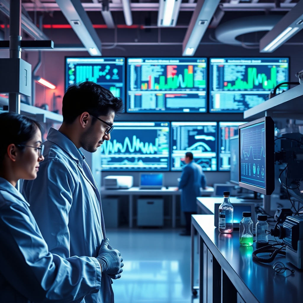 Create a visual of a research lab where scientists are experimenting with AI algorithms. The lab is filled with advanced equipment and large screens showing real-time data analysis. Use sharp lighting and contrasting colors to emphasize the focus on innovation and inquiry. Capture the energy and purpose of the research environment in hyperrealistic detail, showing the pivotal moments in AI's evolution.