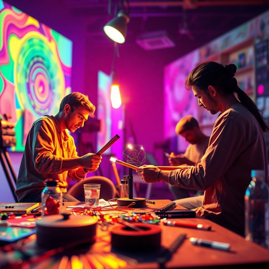 Create a visually rich image depicting artists collaboratively using Sama's AI tool to generate new ideas. Incorporate a spectrum of colors and energetic lighting that showcases the creativity in action. Textures should reflect the dynamic processes of both digital and physical arts, and the image should present a high-quality representation of collaborative creation.