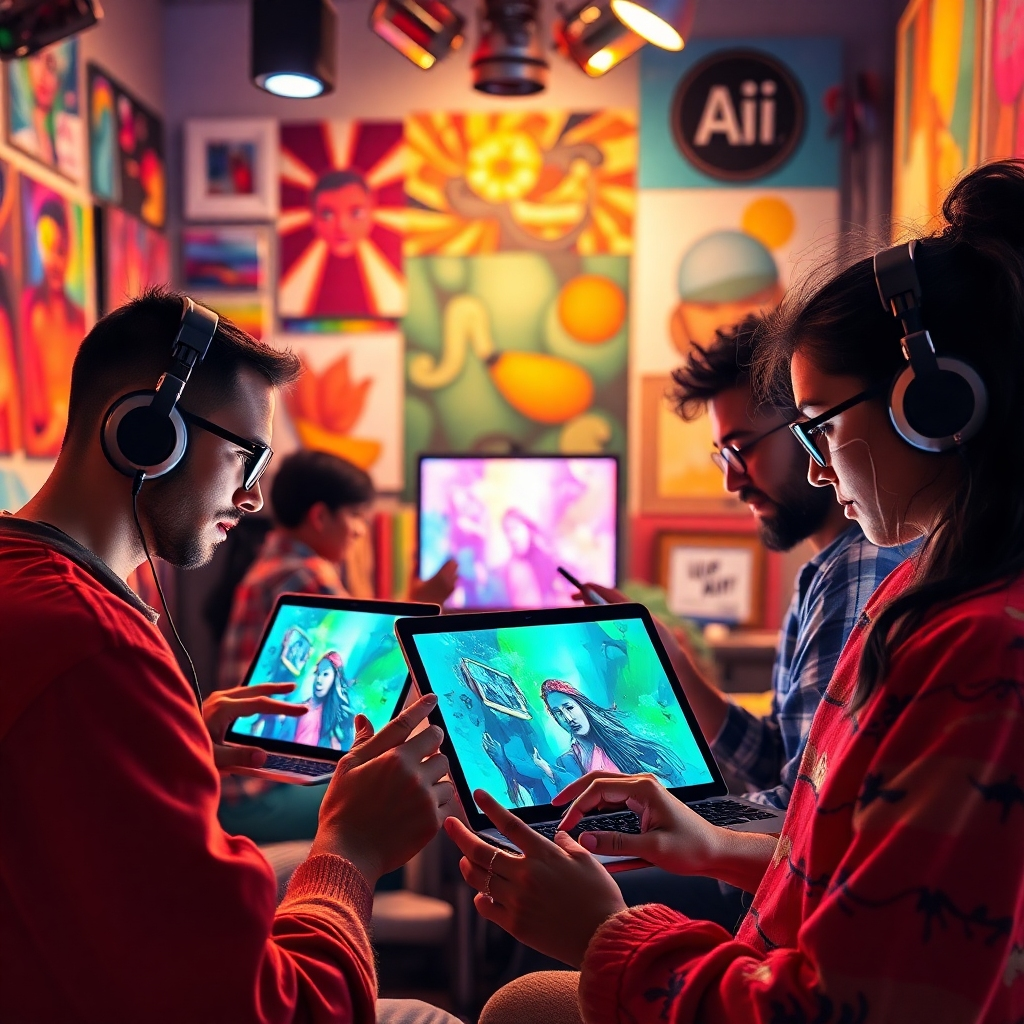 Create a visually vibrant studio where artists are using Adobe Firefly tools on their devices. Backgrounds filled with colorful art compositions and creative paraphernalia are illuminated by dynamic lighting. Expressions of inspiration and creativity should be visible among the artists. Ensure the image is hyperrealistic, showcasing the fusion of art and technology through the responsible use of AI.