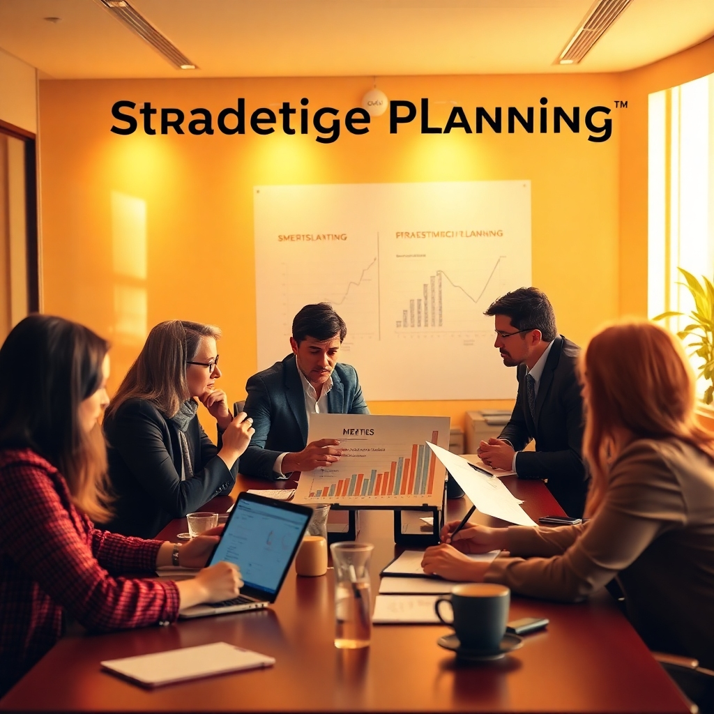 Create an image depicting a strategic planning session with a team analyzing metrics and brainstorming titles. The lighting should be warm and inviting, promoting camaraderie. Use rich colors such as gold and burgundy to reflect determination and focused effort. Capture the teamwork and discussions taking place, emphasizing collaboration.