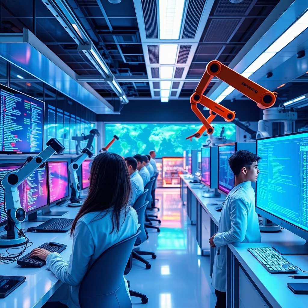 Create an image of a sleek laboratory filled with computers and researchers working on advanced AI algorithms. The room is brightly lit with high-tech displays showcasing code and data processing. Include elements such as robotic arms and interactive screens to emphasize innovation. Capture the excitement of discovery with vibrant colors reflecting the energy of the research environment, maintaining hyperrealistic quality.