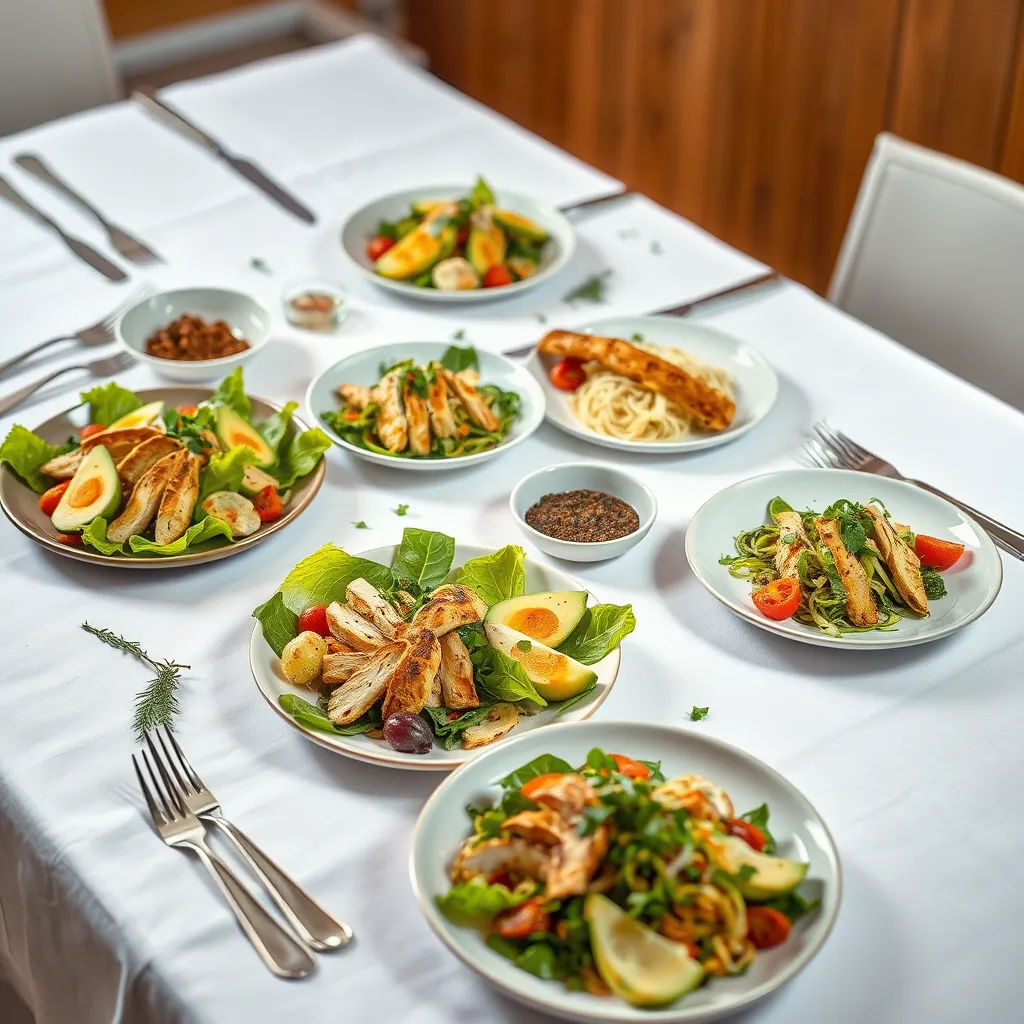 Create an image showcasing an array of beautifully plated low carb meals. The table setting features a clean white tablecloth with elegant silverware. Soft diffused lighting enhances the vibrant colors of the dishes, showcasing colorful salads with avocados, grilled chicken, and zucchini noodles. Include textures like crispy lettuce and creamy sauces, set against a warm wooden backdrop. Incorporate fresh ingredients scattered around, such as herbs and spices, for an inviting look. The perspective should be from a slightly elevated angle, capturing both the food and the surrounding elements. Use an 8K resolution for hyperrealistic details, highlighting the glossy finishes and careful presentation of gourmet-style low carb dishes, in the style of a food magazine shoot.