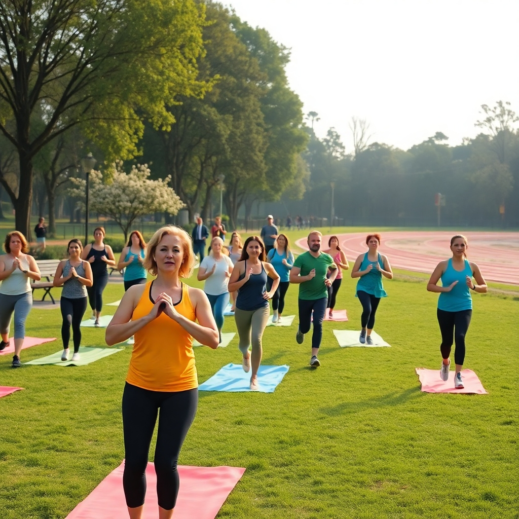 Create an immersive scene depicting a diverse group of individuals in a serene park, following a step-by-step exercise plan together. Use soft diffused lighting of early morning, illuminating their focused expressions. The color palette should include natural greens, bright blues, and warm earth tones to evoke a sense of motivation and tranquility. Capture the scene from a slightly elevated angle, showcasing participants engaged in various exercises such as yoga, stretching, and jogging, all using brightly-colored mats and workout gear. Include textures like grassy terrain and smooth pathways. Add environmental elements like blooming flowers, trees, and a distant jogging track to enhance the setting. The overall mood should be uplifting and healthy, reminiscent of lifestyle photography, in the style of Annie Leibovitz. Ensure the image is in 8K resolution, hyperrealistic, and ultra-detailed, capturing the vibrancy of community exercise.