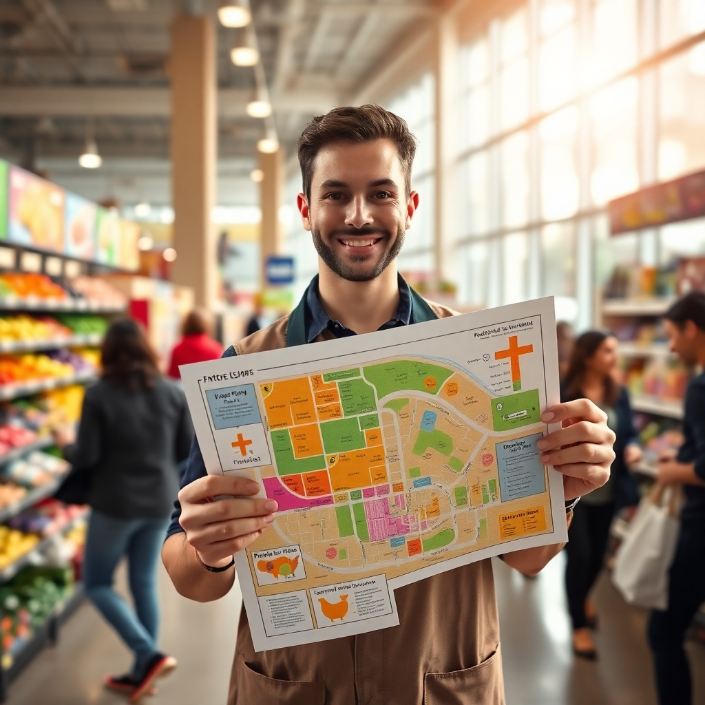 Create an ultra-high definition image of a friendly shop assistant holding a detailed map of a supermarket layout. The setting should be bright and warm, with natural daylight streaming through large windows. Emphasize colorful icons on the map representing different sections such as produce, dairy, and frozen foods. The camera angle should be slightly elevated, showcasing the assistant in focus while the background includes a bustling supermarket environment with shoppers navigating around. The textures should demonstrate glossy print on the map and vibrant colors that capture attention. Add subtle layers of detail, such as ambient sound reflections with people interacting. The overall mood should be inviting, emphasizing clarity and functionality in the map design. This should be in ultra-detailed, 8K resolution format, aiming for hyperrealistic quality.