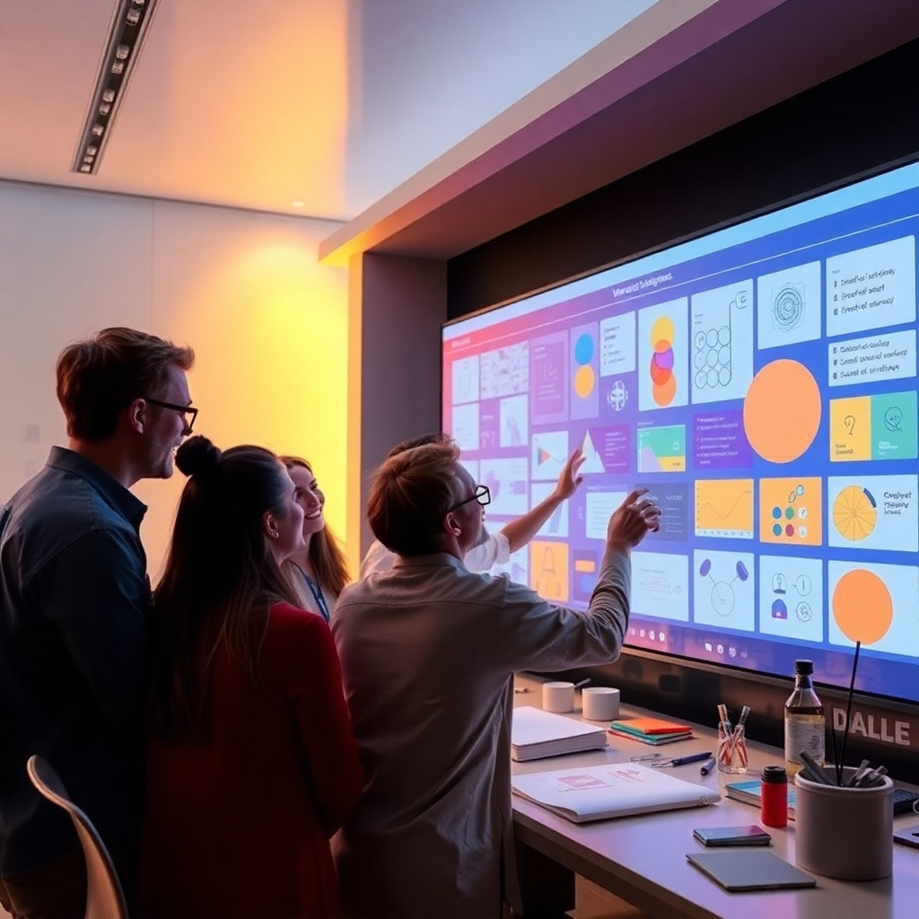 Depict a collaborative session where a group of designers brainstorms ideas using DALL-E on a large interactive screen. The room should be modern, filled with design materials, and illuminated with bright, engaging colors. Include expressions of excitement and inspiration as new ideas come to life on the screen. Ensure hyperrealistic details enhance the dynamic interaction among the team, stressing teamwork in the creative process.