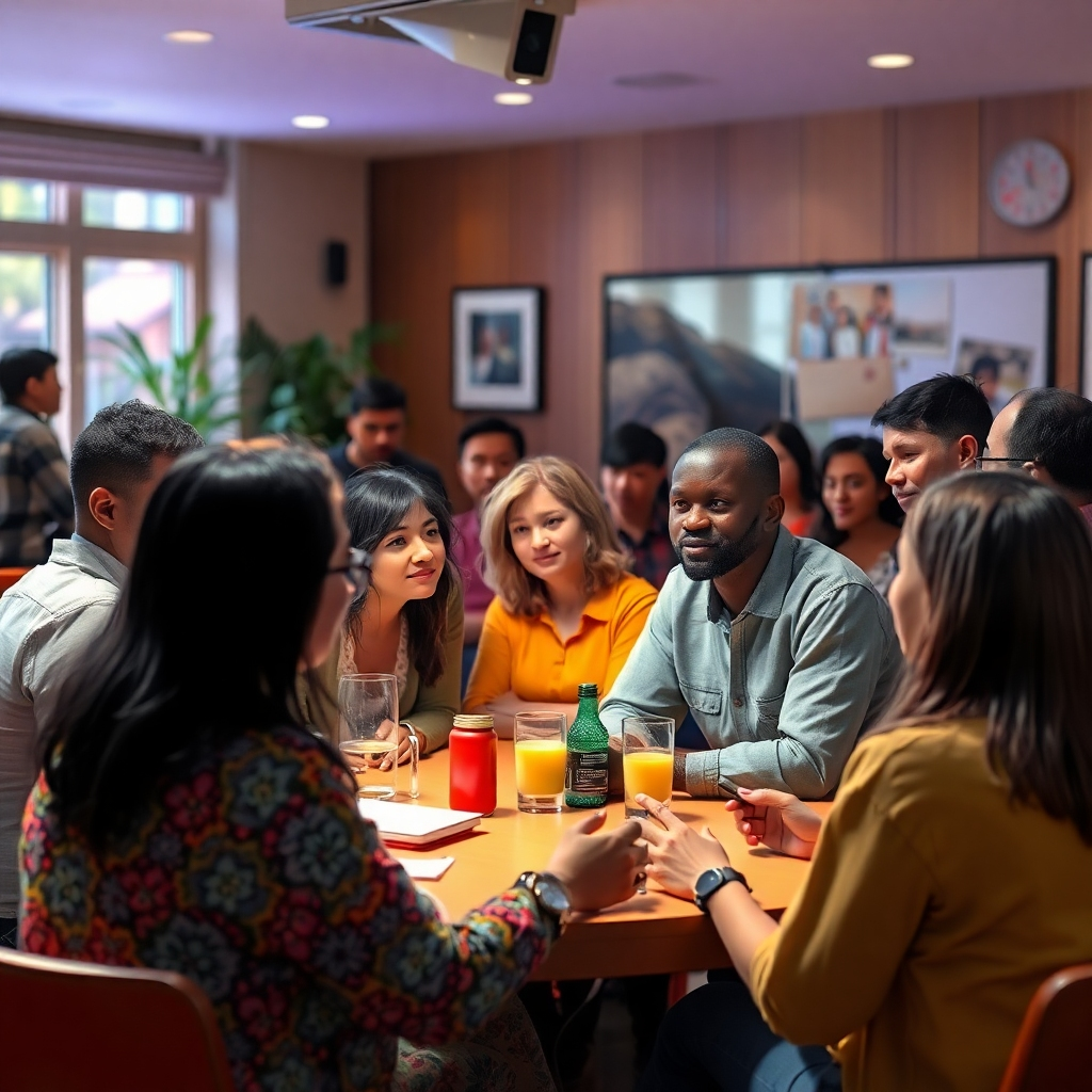 Depict a community gathering where citizens engage in discussions about the future of AI and its societal implications. The setting should be warm and inviting, with vibrant visuals promoting inclusive dialogue. Capture the mix of curiosity and concern among participants in a hyperrealistic style, emphasizing the importance of societal engagement in the conversation about AI consciousness.