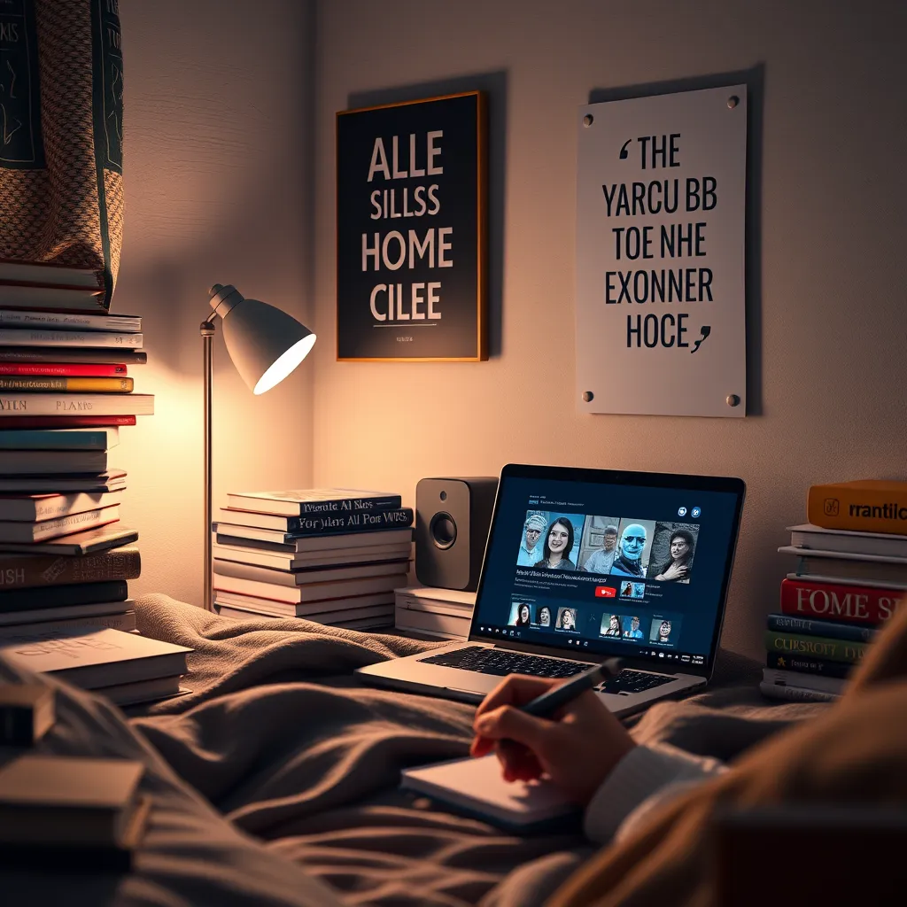 Depict a cozy home-study environment, featuring a laptop open to a YouTube channel showcasing AI-related skills. Include piles of books and a motivational poster on the wall, with someone taking notes, conveying an atmosphere of learning and growth.