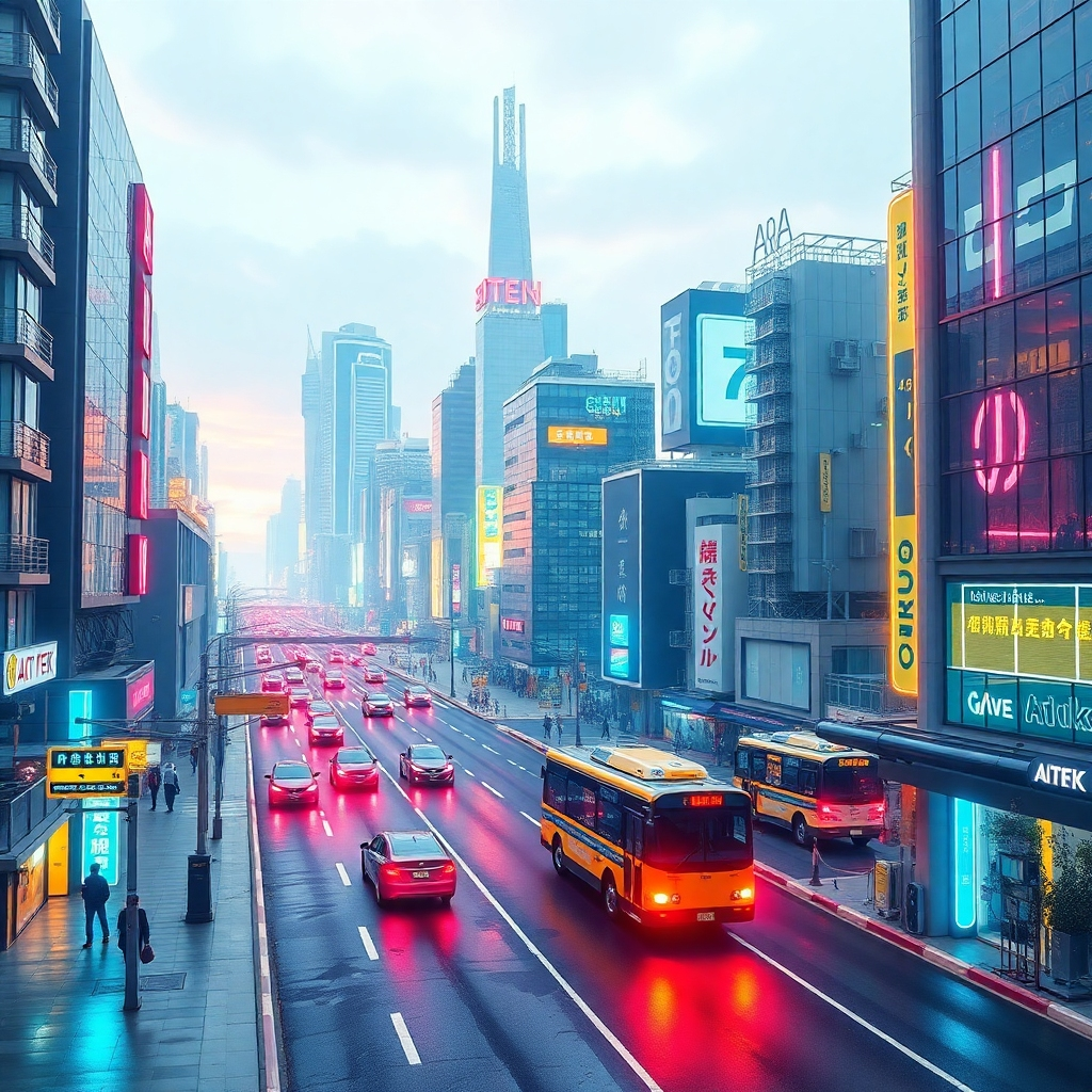 Depict a futuristic cityscape influenced by Grok Vision technology, where various AI applications interact seamlessly with everyday life. Brightly colored neon lights symbolize integration with urban living, showcasing elements like autonomous vehicles and smart infrastructure. Aim for a sweeping panoramic view that represents the larger vision of AI's role in reshaping cities, finished in striking hyperrealism to emphasize innovation.