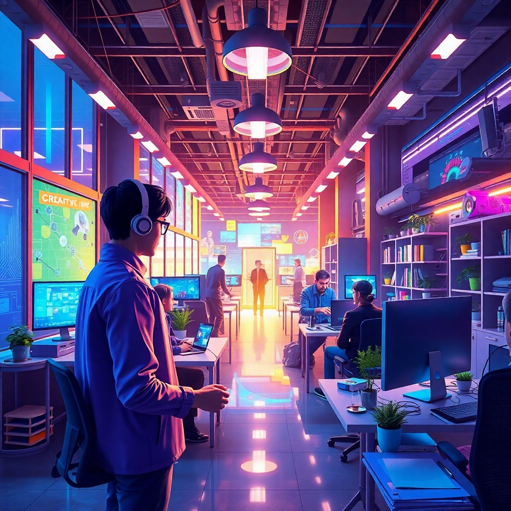 Depict a futuristic vision of Krea’s idealized workspace, bustling with both creative professionals and cutting-edge technologies. Bright, engaging colors illustrate innovation and possibilities, and elements like AI creative tools should display vibrant interactions. Ensure hyperrealistic detail to portray Krea’s bold aspirations in the creative AI market.