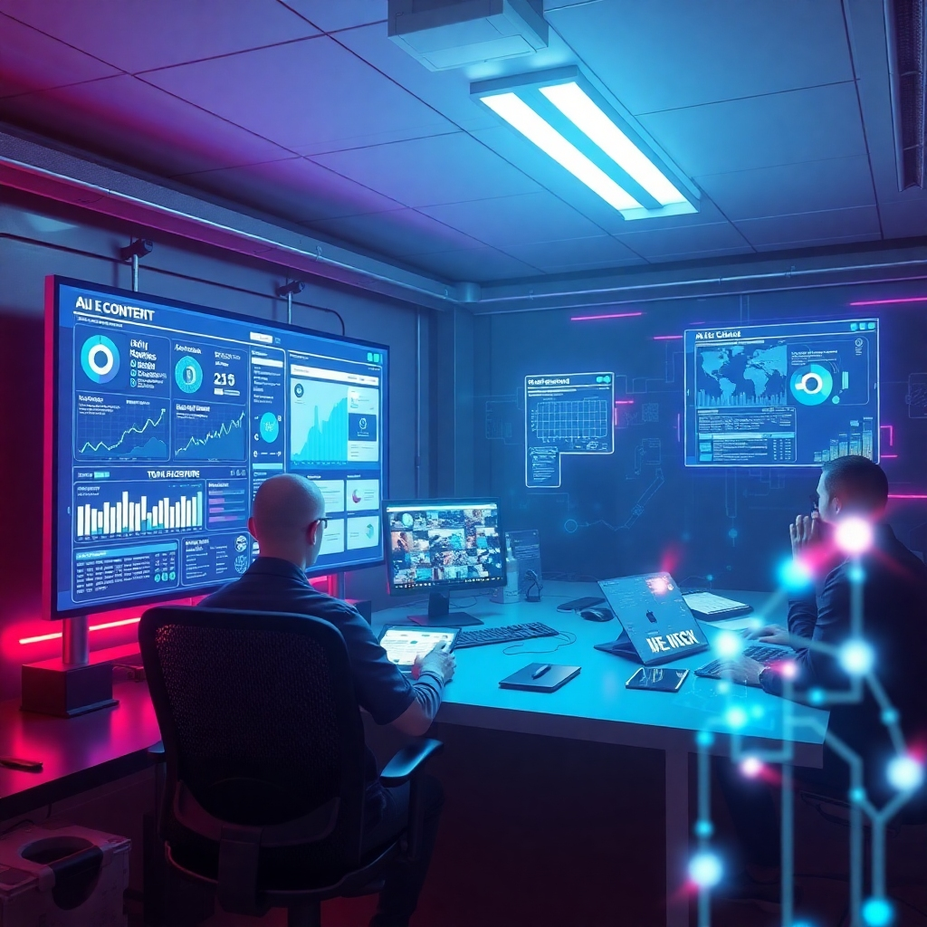 Depict a futuristic workspace where AI tools are being used to edit web content. The lighting should be bright, highlighting digital displays filled with analytics and AI suggestions. Use a color palette that blends neon flashes with muted backgrounds to create a high-tech feel. Surround the scene with holographic interfaces being manipulated by users, representing innovation.
