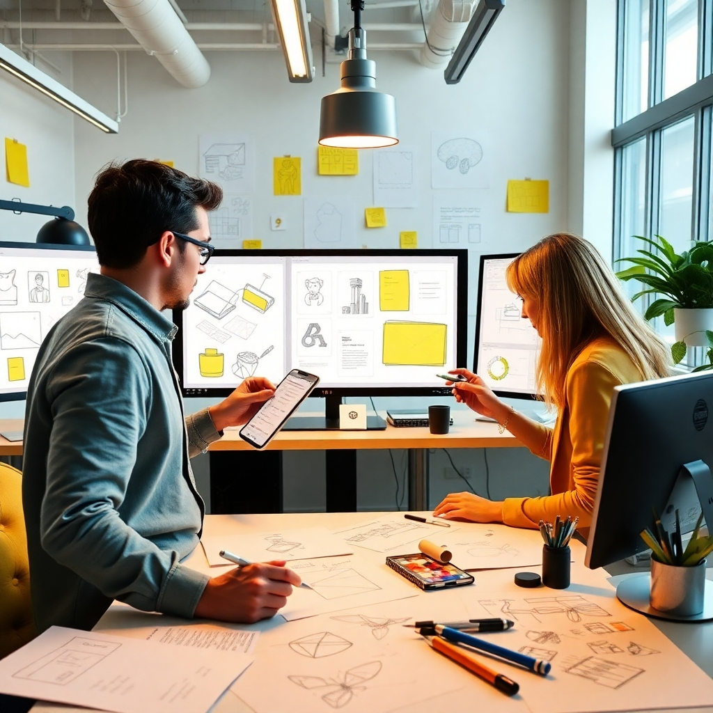 Depict a modern design studio where creative professionals are collaborating using the new AI-driven design tool. Show designers working on digital screens surrounded by sketches and ideas, emphasizing innovation and teamwork. The lighting should be bright and inspiring, with a color palette of yellows and greens to evoke creativity. Capture textures like paper, digital screens, and designer tools to reflect the dynamic design environment. Aim for a resolution that highlights the energy and modernity of the creative space.