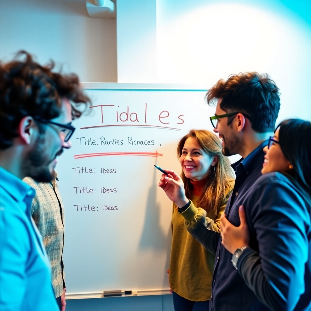Depict a vibrant ideation session where individuals are brainstorming title ideas on a whiteboard. The lighting should be bright and energetic, creating an atmosphere of creativity. Use colors like blue and green for a fresh, innovative vibe. Capture the sweat and effort involved in the creative process with detailed expressions and energetic interactions among a diverse group.