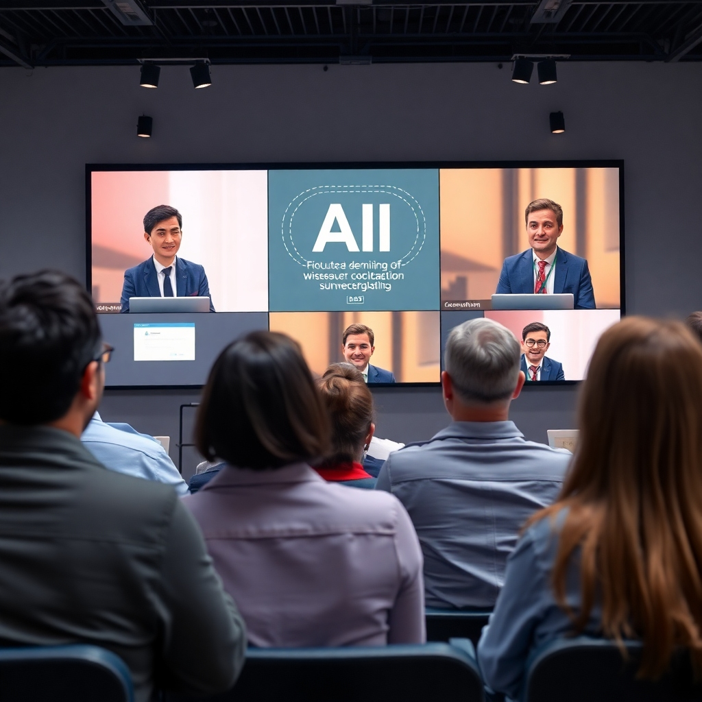 Depict a virtual seminar led by experts discussing AI applications, with an engaged online audience following along. The scene should convey a blend of professionalism and approachability through coherent lighting and color choices that are visually appealing. Utilize textures representing digital platforms and educational materials to signify accessibility and understanding. Ensure the image conveys a sense of community in high-detail resolution.