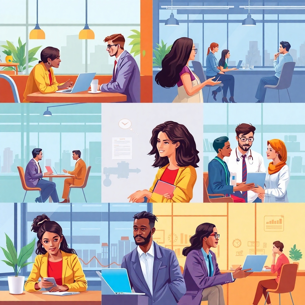 Depict an array of scenarios showcasing individuals in different backgrounds benefiting from Perplexity AI, connecting people from various professions and lifestyles. The imagery should reflect diversity with energetic colors and inclusive settings, from urban cafes to corporate meetings. Each scenario should portray the seamless integration of AI into their tasks and routines, rendered in striking hyperrealism to emphasize its daily impact.