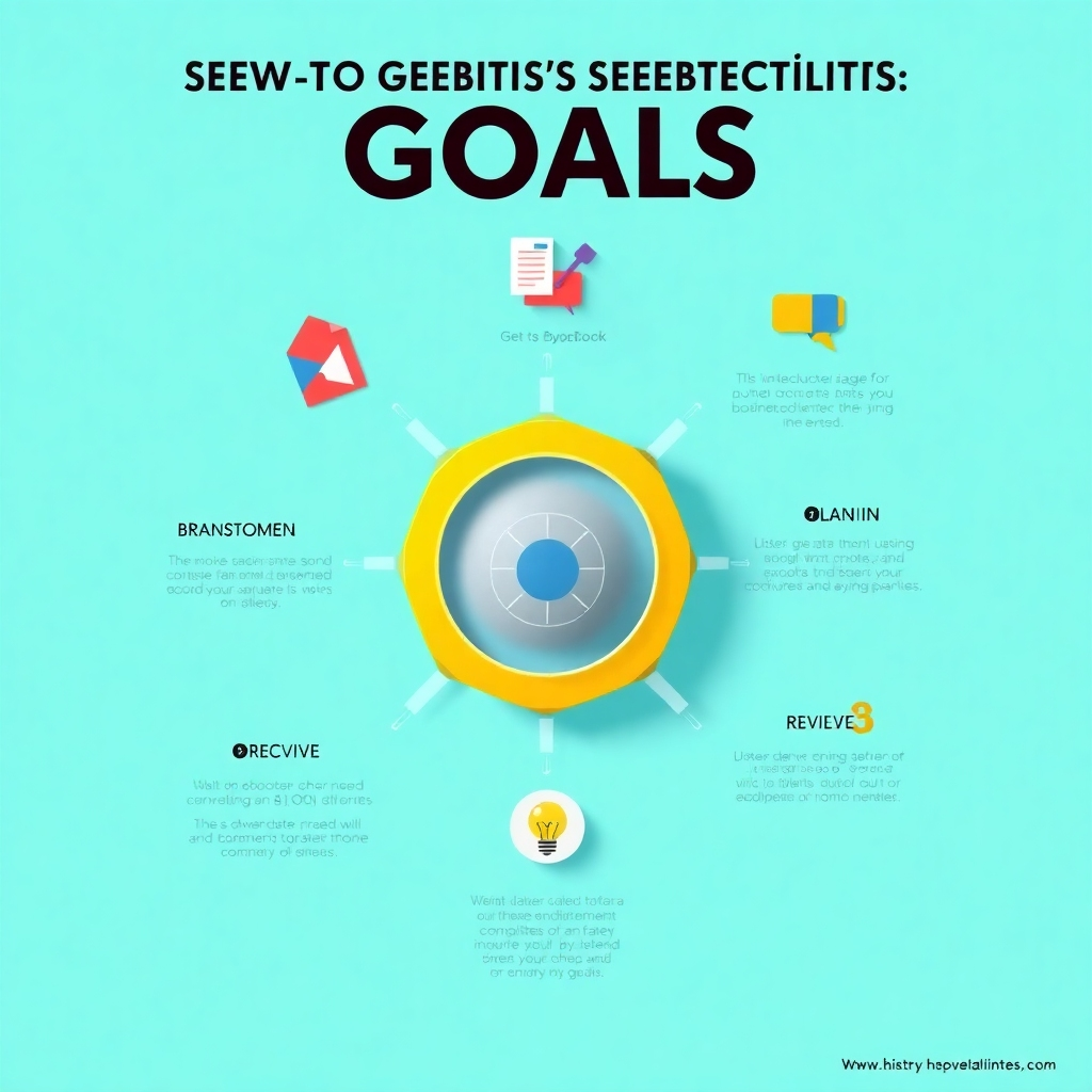Design a visually appealing infographic that outlines a step-by-step process for setting and achieving goals. Include clear, bold graphics representing each stage, such as brainstorming, planning, executing, and reviewing, with vibrant colors to enhance visual interest.
