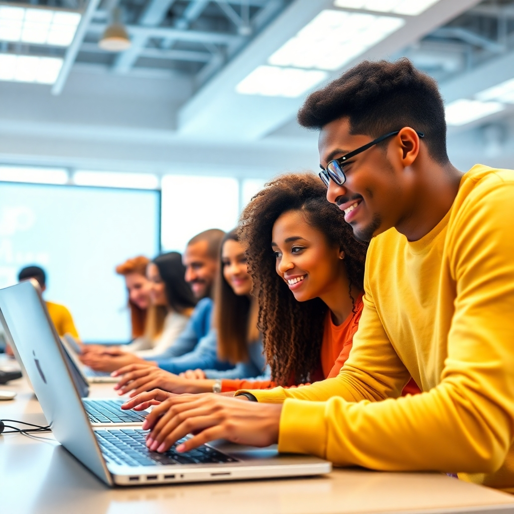 Design an image showcasing a diverse group of learners actively participating in a hands-on web training session. The lighting should be bright and engaging, reflecting an enthusiastic learning atmosphere. Use colors like blue and yellow for energy and friendliness. Capture dynamic interactions, with students working on laptops.