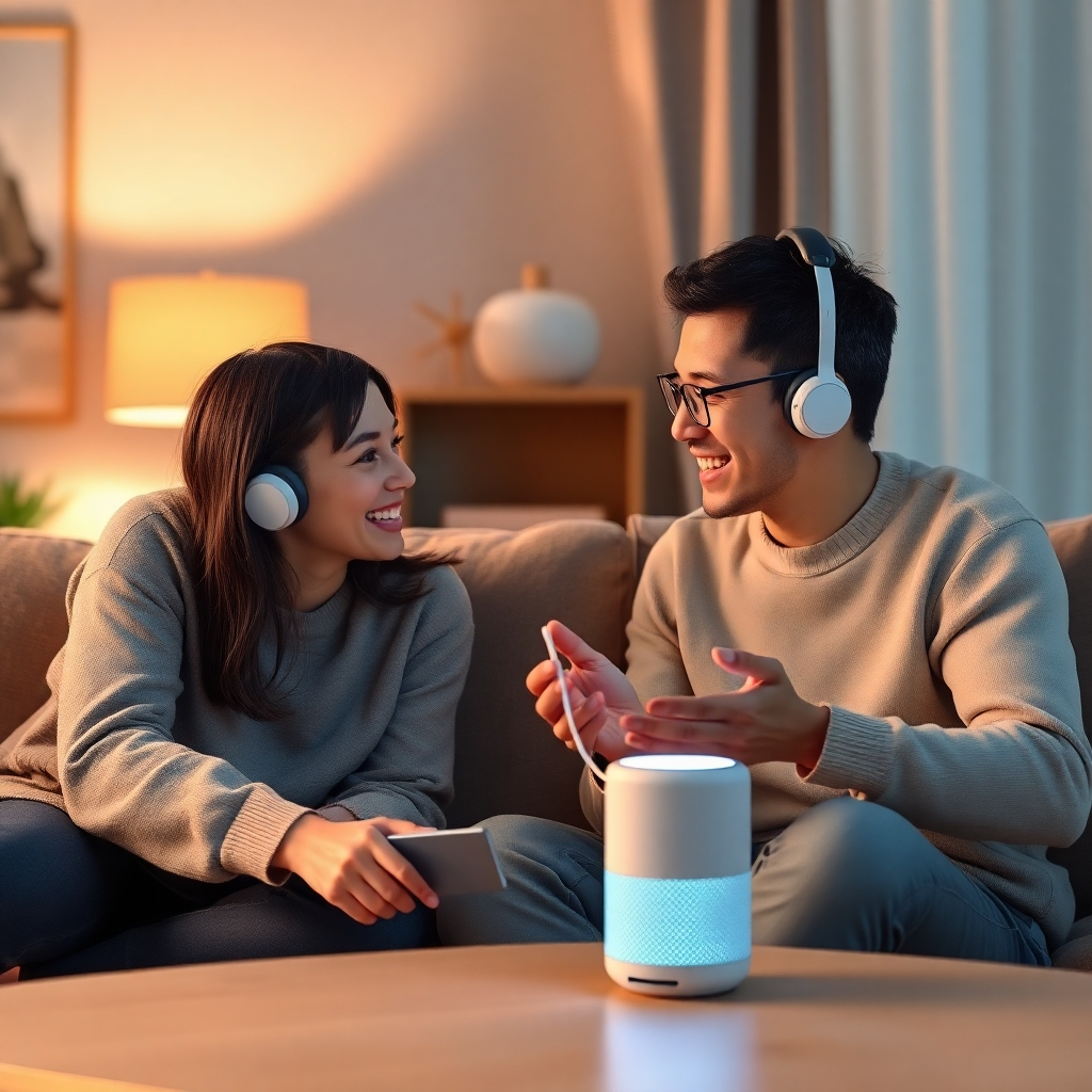 Develop a photorealistic image illustrating a futuristic device capturing human interactions through voice synthesis. The scene should depict a family enjoying a conversation with a smart assistant at home, showcasing warmth and engagement. Use soft lighting to evoke a cozy atmosphere with a color palette of pastels. Focus on textures like fabric for a personal touch and sleek design for the smart device. Ensure the image is crafted in high detail to resonate with the theme of personalized technology.