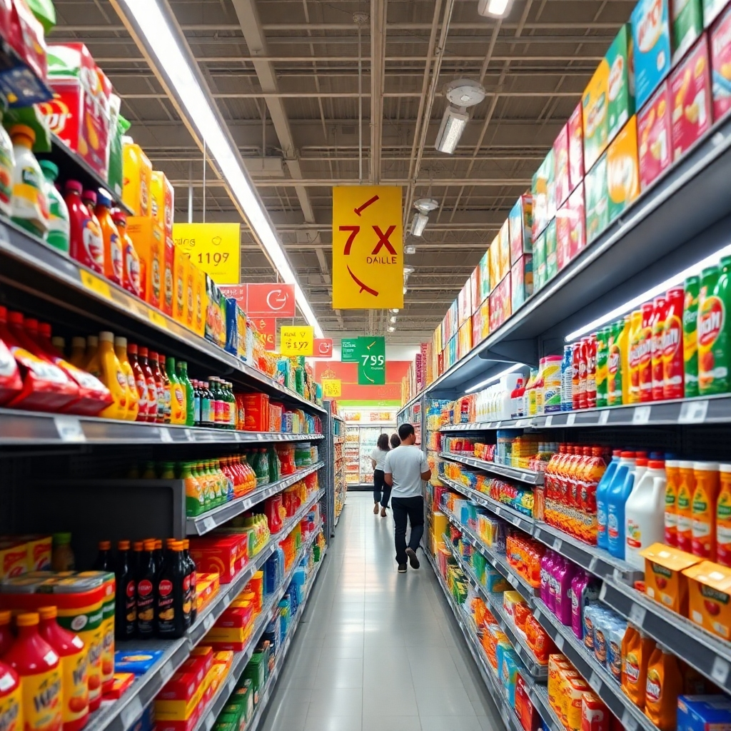 Generate a photorealistic image of a vibrant supermarket aisle, filled with neatly arranged products on shelves. The lighting should be bright and inviting, creating a cheerful shopping atmosphere. The color palette should be lively, showcasing various bright product packaging that draws the eye. Capture a perspective from slightly below shelf height, allowing viewers to see a range of products, including fruits, snacks, and cleaning supplies. The textures should reflect polished metal shelves and colorful product labels, with shoppers occasionally visible in the background, adding life to the scene. Include environmental elements like overhead signs indicating aisle numbers and thematic banners. The style should evoke a modern retail experience, with sharp details and deep focus, aiming for 8K resolution, hyperrealistic quality, and ultra-detailed textures.