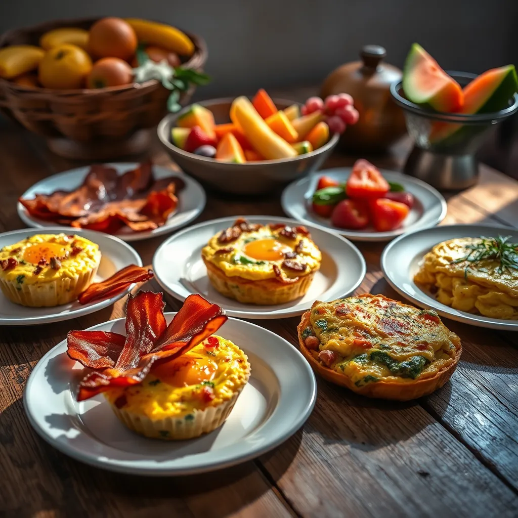 Generate a vibrant image featuring a visually appealing breakfast spread focused on low carb options. Arrange plates with crispy bacon, fluffy egg muffins, and colorful vegetable omelets on a rustic wooden table. Utilize dramatic side lighting to create enticing shadows and depth, enhancing the textures of the cooked food. The color palette should be warm and inviting, with yellows, greens, and rich browns. Incorporate a fresh fruit bowl in the background, filled with berries and melons. Use a close-up perspective to emphasize the details of the food and the craftsmanship of each dish. This hyperrealistic scene should be captured in ultra-high definition, showcasing all elements as if they were prepared by a five-star chef.